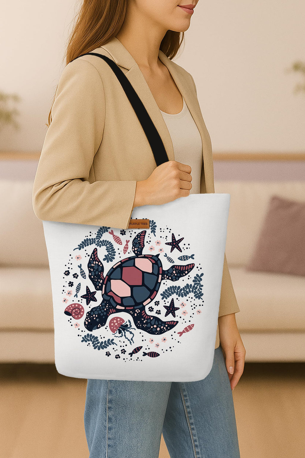 The Purple Tree Eco-Friendly Canvas Tote Bag, Sustainable, Reusable Shopping, Beach, Travel or Everyday Tote, Wide Tote Bag, Turtle Mania