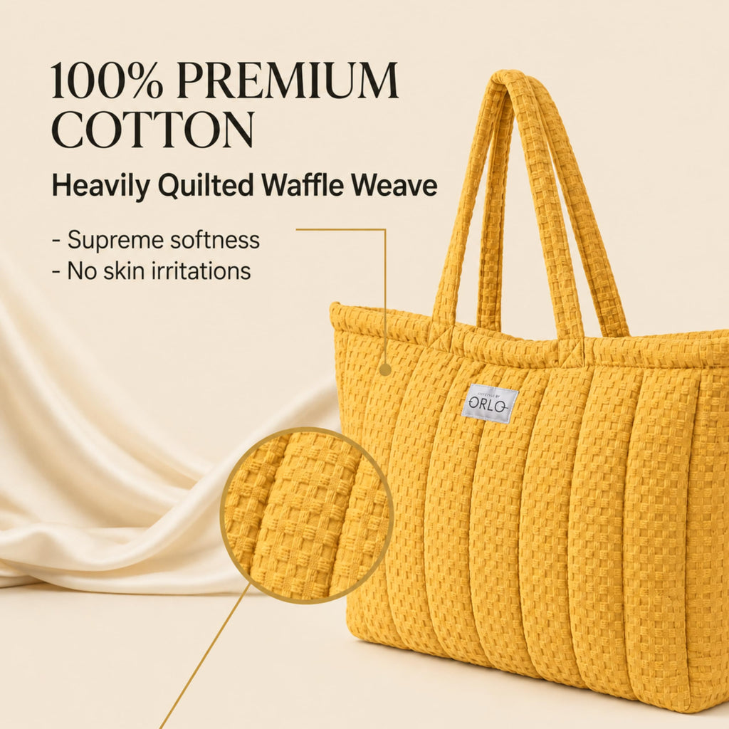 HOUSE OF ORLO Women's Cotton Quilted Aesthetic Tote Bags, Waffle Weave Handmade with Zipper & Double Handles for Women & Girls, Daily Use Handbags for College/Travel/Work (Mustard-Yellow)