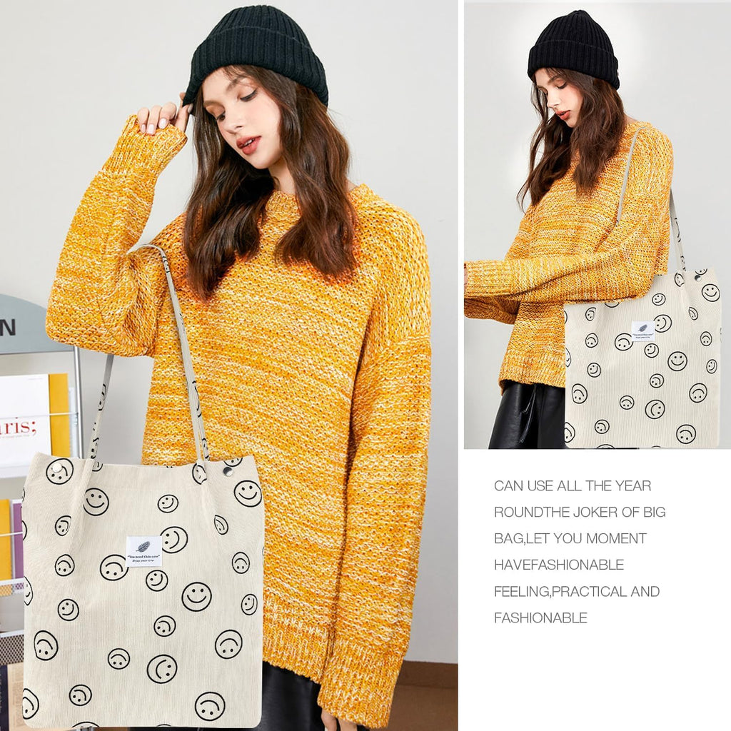 Kawn® Women Corduroy Tote Bag Canvas Shoulder Purse Reusable Shopping Bag Grocery Bag Large Capacity Washable Handbag Girls Shoulder Bag with Inner Pocket For Daily Use Work Travel (Smiley Beige)