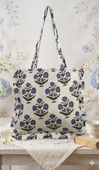 Rastogi Handicrafts Handmade Cotton Tote Bag Floral and Leopard Print Patterns, Blue White and Green Pink Shopping Shoulder, White, M