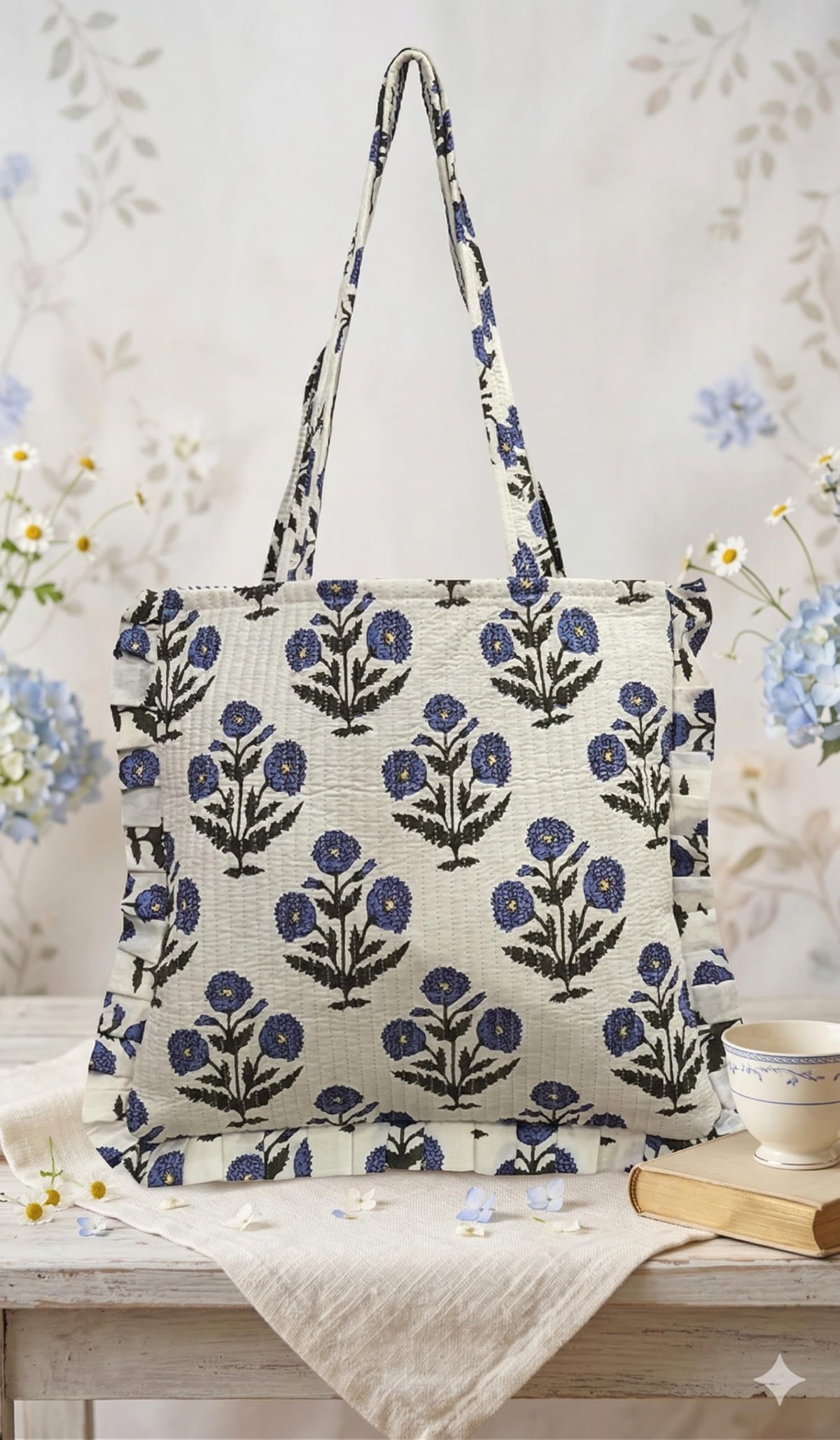 Rastogi Handicrafts Handmade Cotton Tote Bag Floral and Leopard Print Patterns, Blue White and Green Pink Shopping Shoulder, White, M