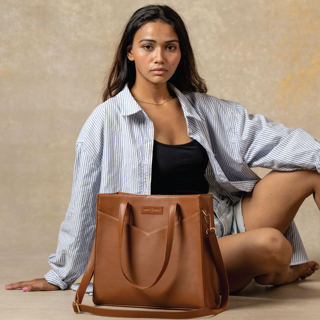 Urban Space Vegan Leather Women Tote Bag with Laptop compartment, Handbag for Work, Ladies purse, Stylish Shoulder Bag, Laptop ipad Tote Bags For Office Use, Gift for Women (Adele Tan)