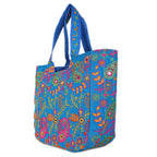 Craft Trade Women's Cotton Tote Bags with Zip 36x30x12 Cm Embriodery Mirror Work Leaf Print Shopping Handbag - Sky Blue