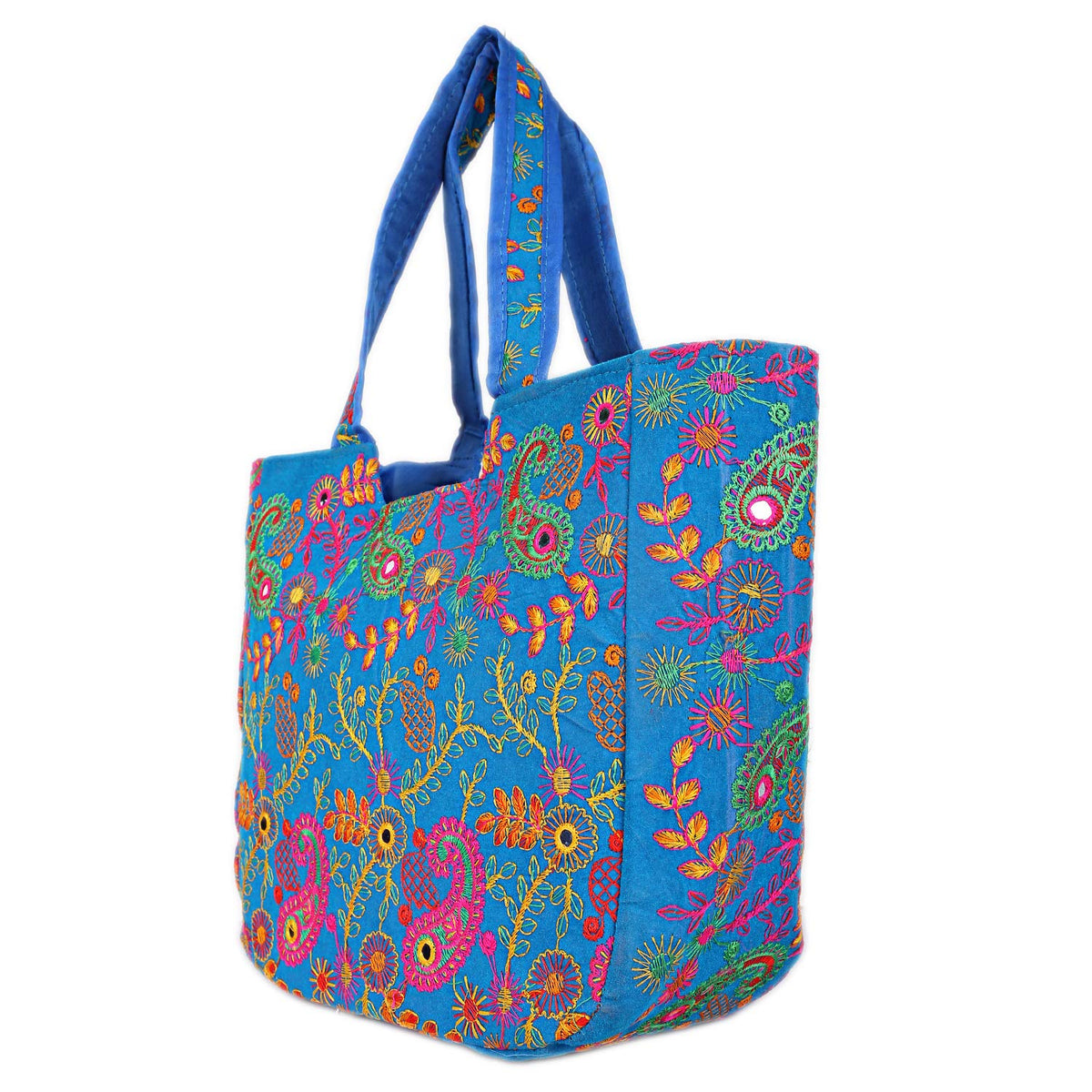 Craft Trade Women's Cotton Tote Bags with Zip 36x30x12 Cm Embriodery Mirror Work Leaf Print Shopping Handbag - Sky Blue