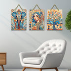 Artvibes Elephant Woman & Village Life Folk Art Decorative Wall Hanging Ornaments | Handcrafted Art | Festive Decor | Wall Illustrations | Paintings For Wall | Unique Gift (WH_9690N), Set of 3