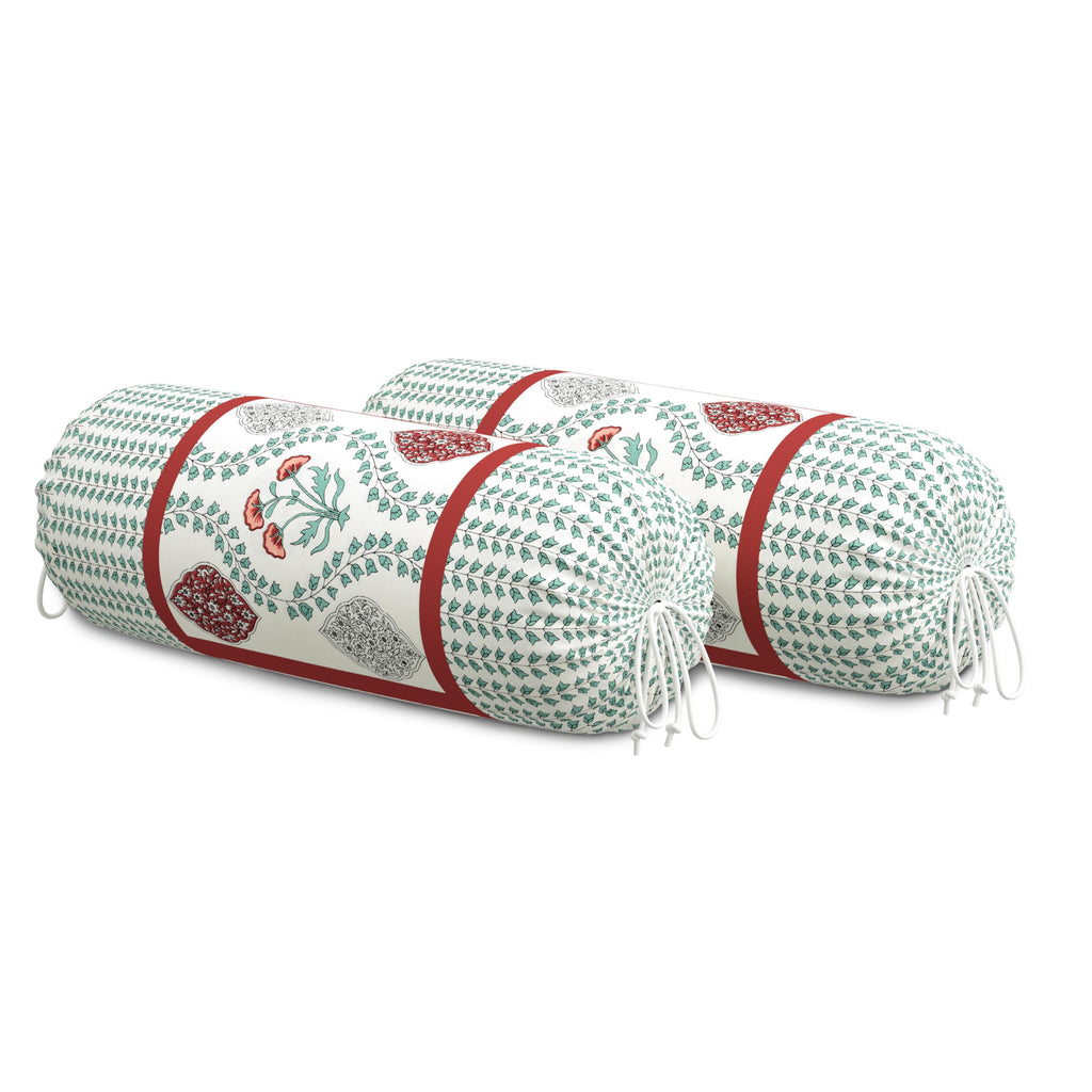 BLOCKS OF INDIA Cotton Hand Block Printed Bolster Cover | Booster Cover with Drawstring | Round Long Pillow Cover for Bed | Dewan Pillow Cover Set 16 X 32 | Set of 2 (Brick RED Motifs)