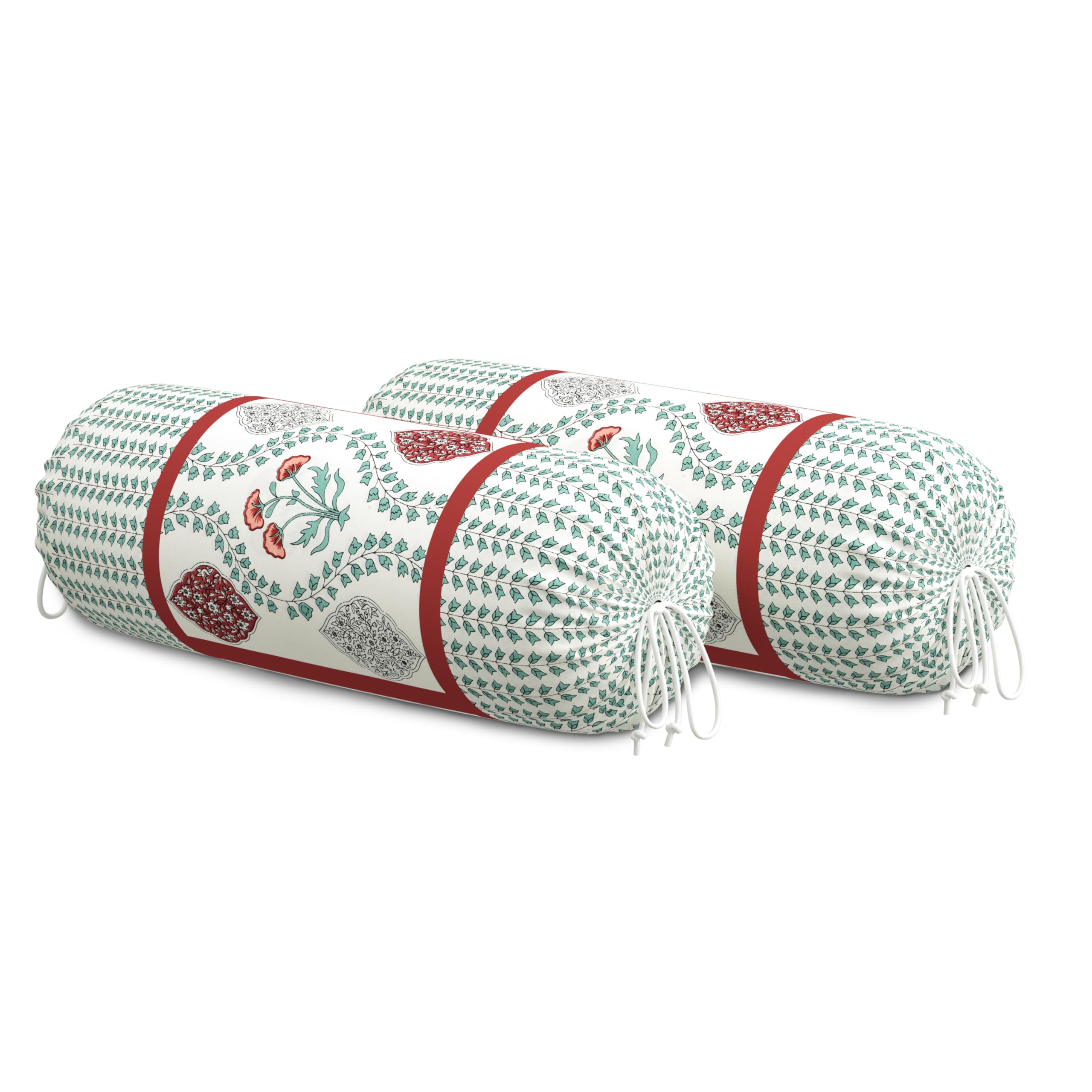 BLOCKS OF INDIA Cotton Hand Block Printed Bolster Cover | Booster Cover with Drawstring | Round Long Pillow Cover for Bed | Dewan Pillow Cover Set 16 X 32 | Set of 2 (Brick RED Motifs)