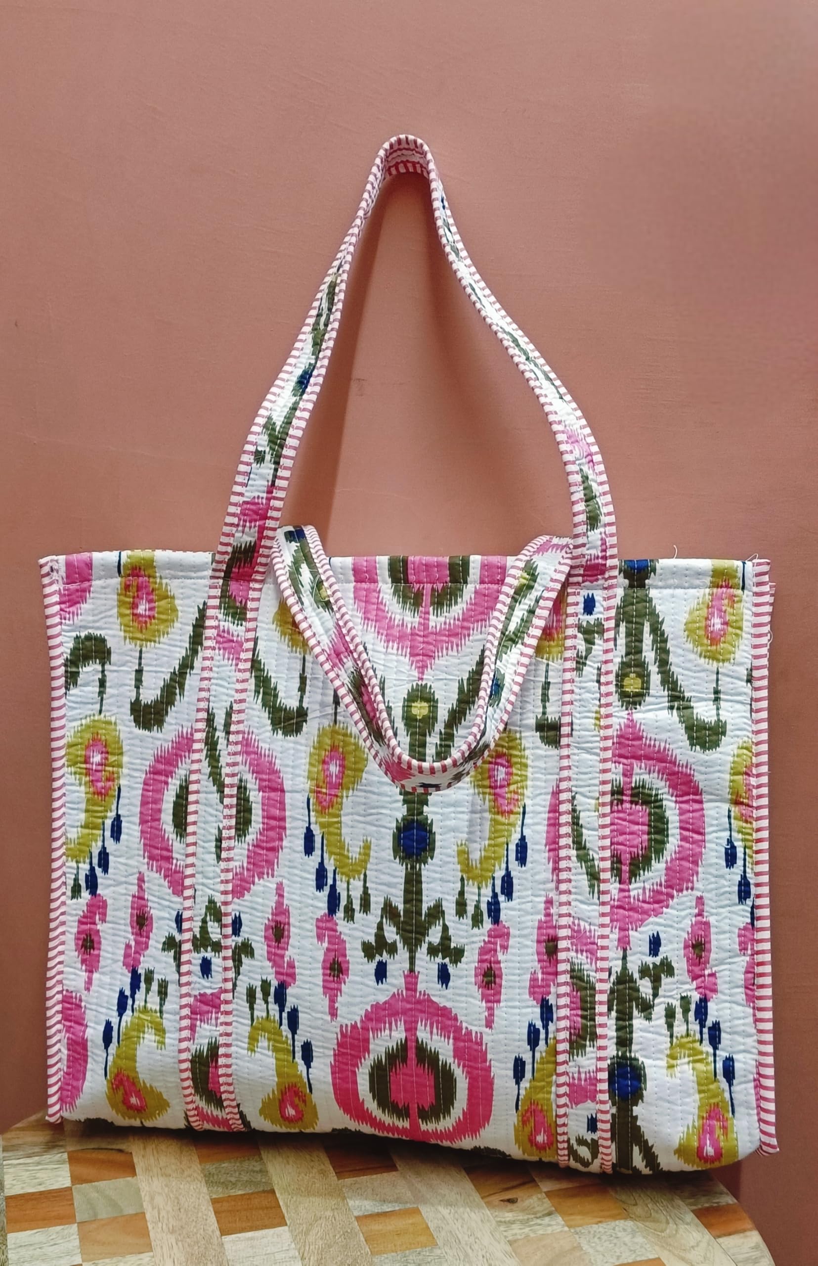 HOUSE OF GULAB Tote Bag for Women Stylish Canvas Handbag with Long Handle Inside Pocket Shoulder Bag Ladies Large Shopping College Office Travel Tote Bag for Girls Daily Use Fashion Bag (Pink & White)