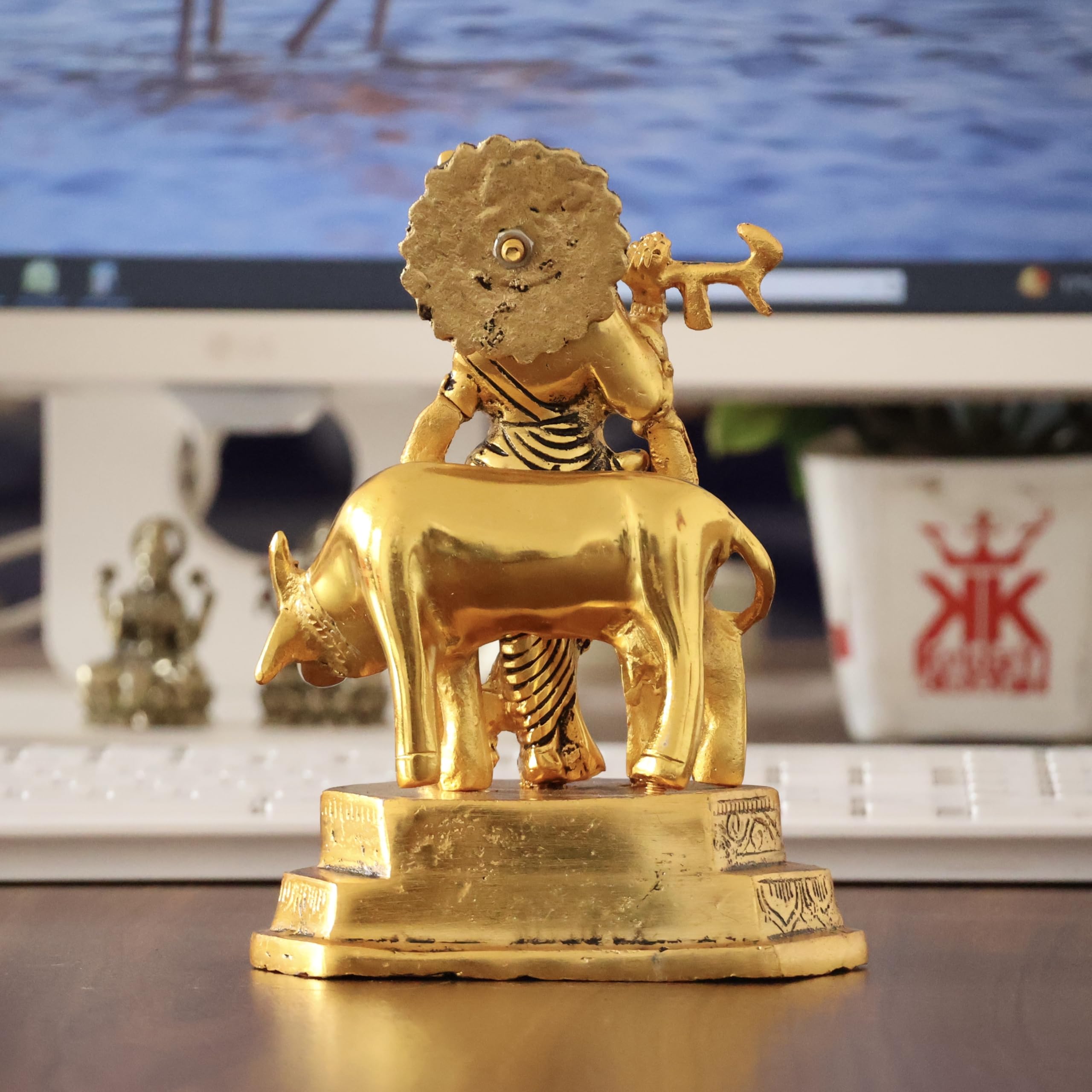 KridayKraft Lord Cow Krishna with Flute Metal Handicraft Statue, Gold-Plated Religious Showpiece Decorative Figurine,Hindu Religious Idol, 16 cm