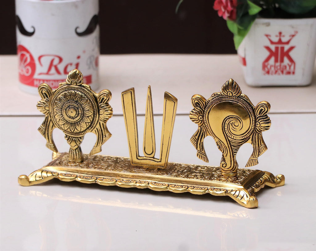KridayKraft Metal Tirupati Balaji Yantra Shankh Chakra Tilak Namah Symbol Gold Plating Antique Decorative for Home & Office Table Showpiece Figurines