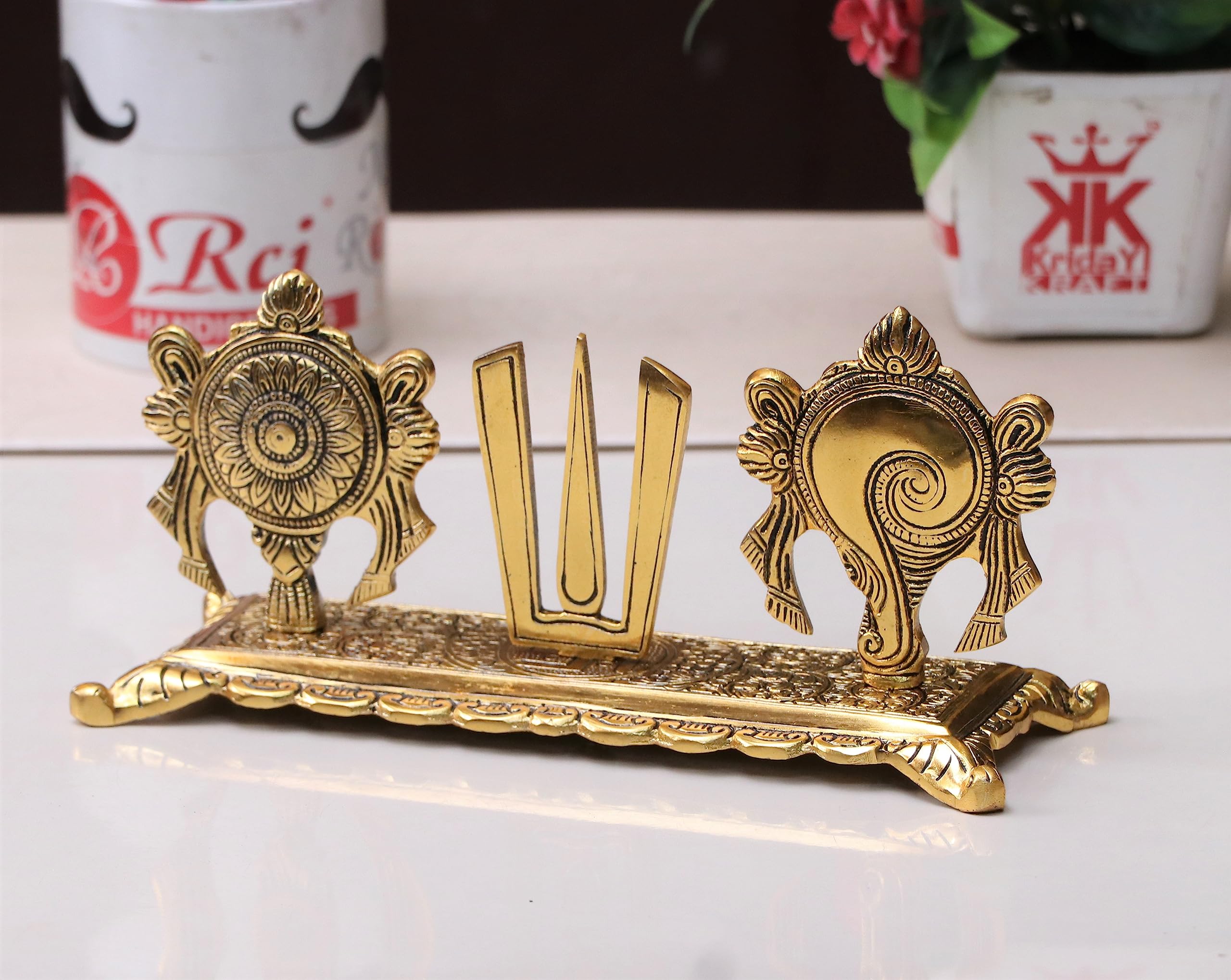 KridayKraft Metal Tirupati Balaji Yantra Shankh Chakra Tilak Namah Symbol Gold Plating Antique Decorative for Home & Office Table Showpiece Figurines