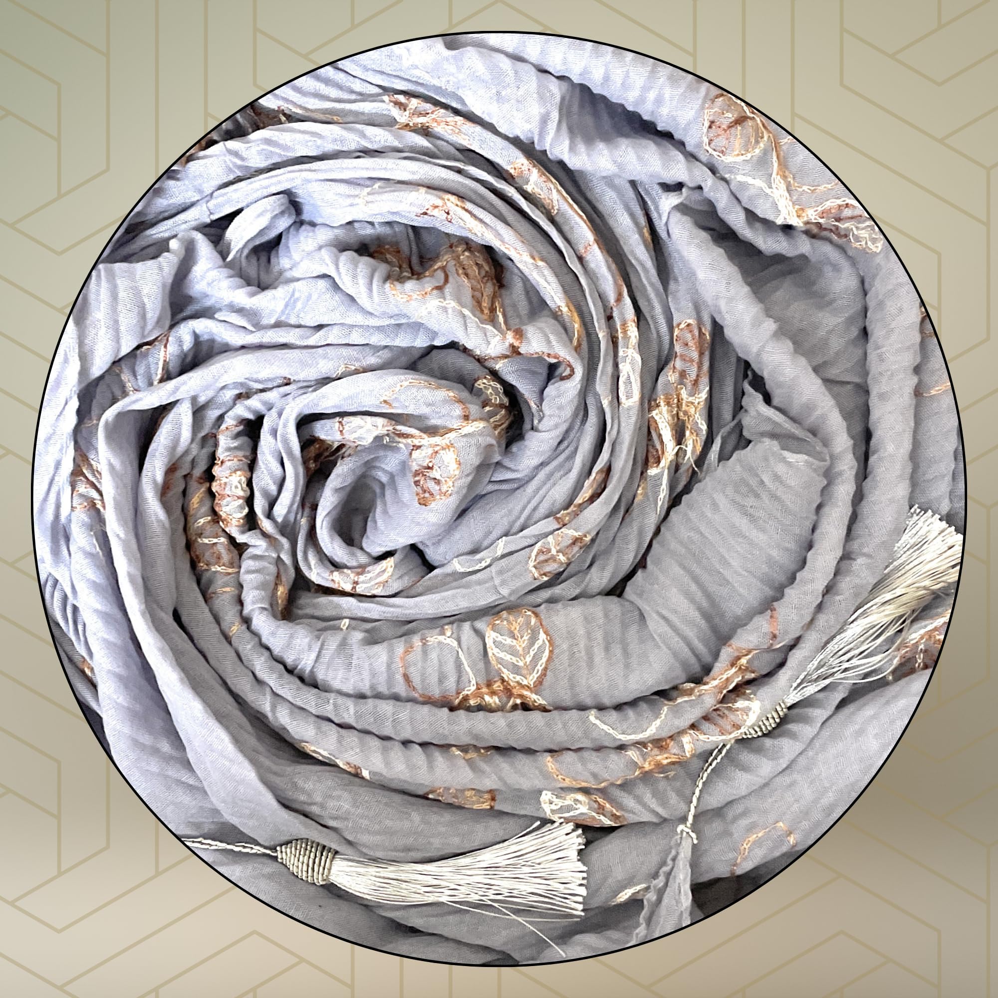 FAHABO Scarf for Women Stylish Pleated Viscose Cotton with Embroidery and Tassels | Hijab Scarf | Stole | Soft, Lightweight, and Latest Scarves | 72 x 33 Inches (Whisper Grey)