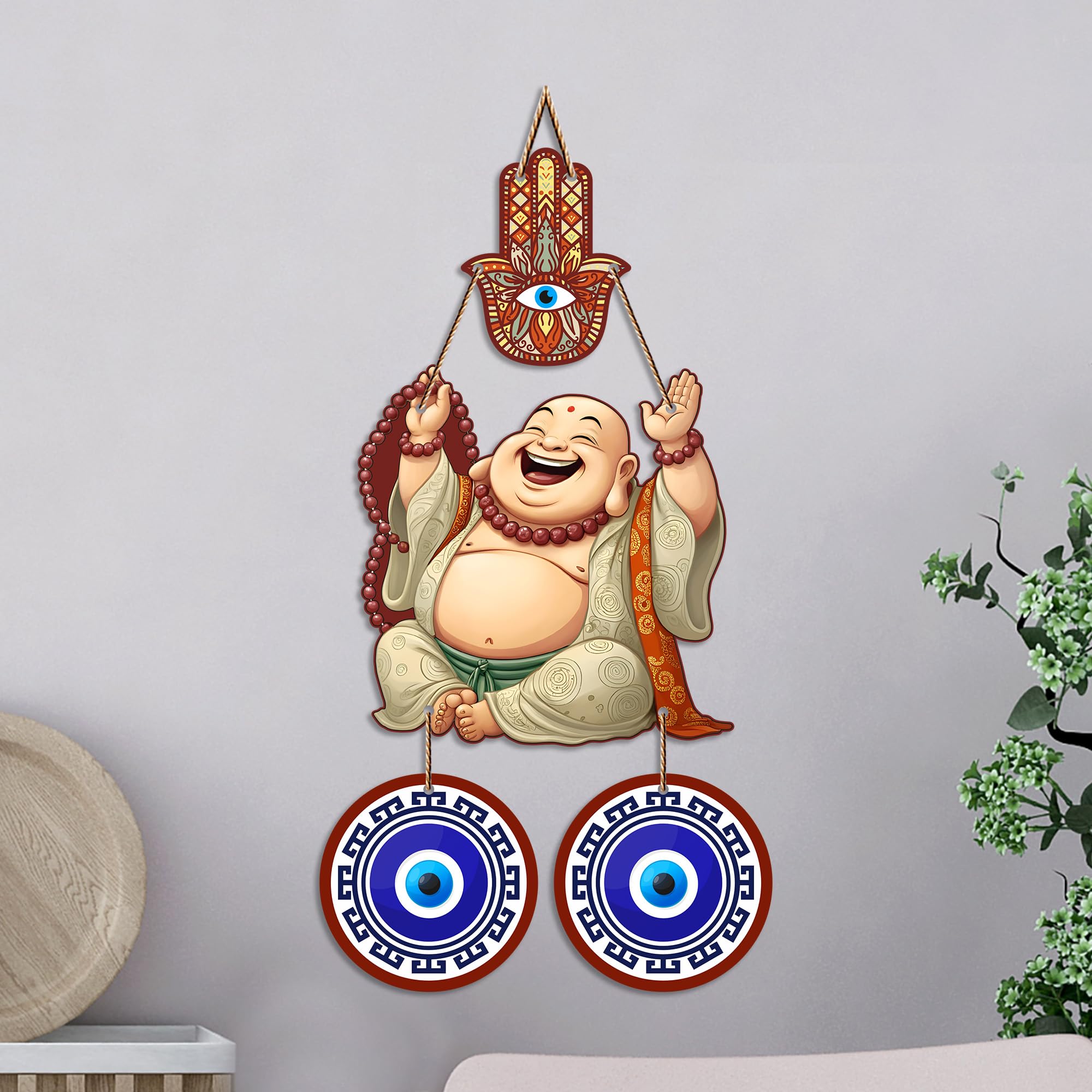Artvibes Laughing Buddha Evil Eye Wall Hanging for Home Entrance Door | Living Room | Bedroom | Prosperity Wealth and Good Luck Decor | Positive Energy Nazar Battu Accent Gift Item (WH_85142N)