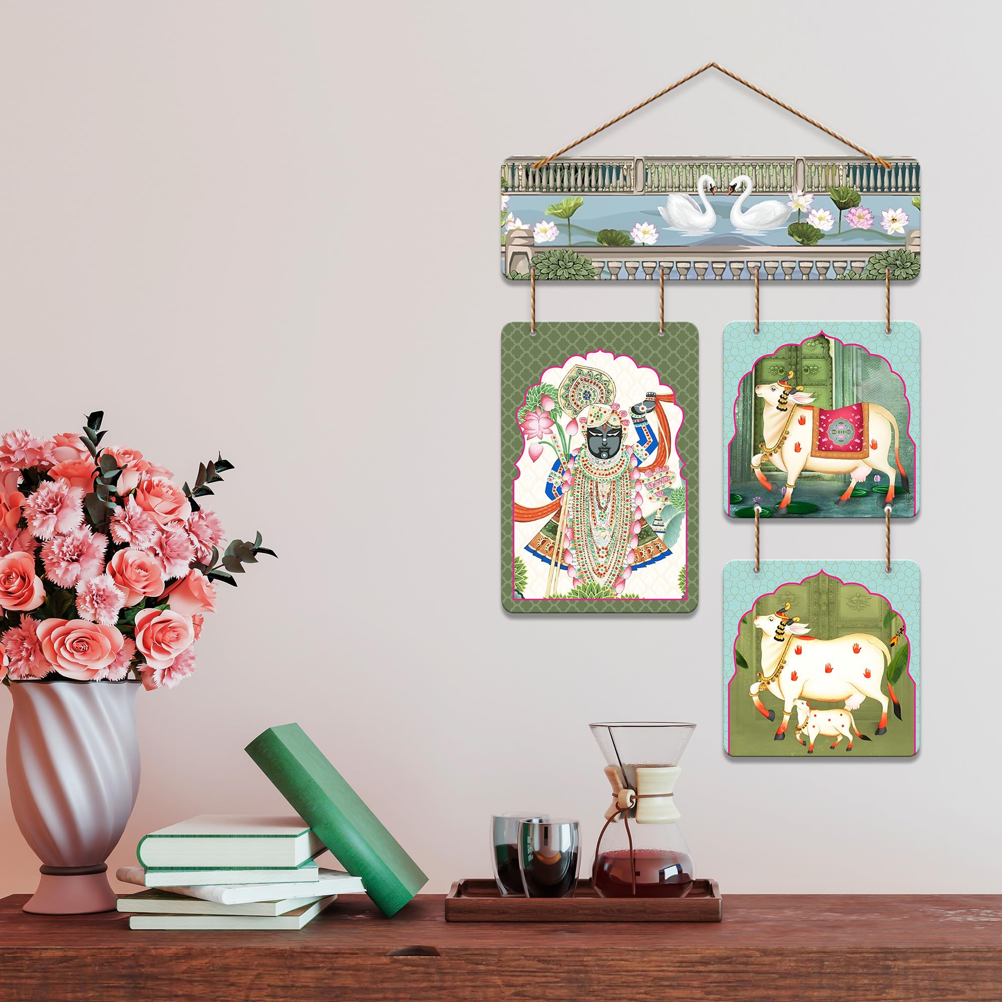 Artvibes Divine Cow And Lord Shrinathji Pichwai Art Wall Hanging Home Decorative Wall Art for Living room | Spiritual Decor Items | Wall Sculpture| Stylish Modern Decor Item | Gift Items (WH_6535N)