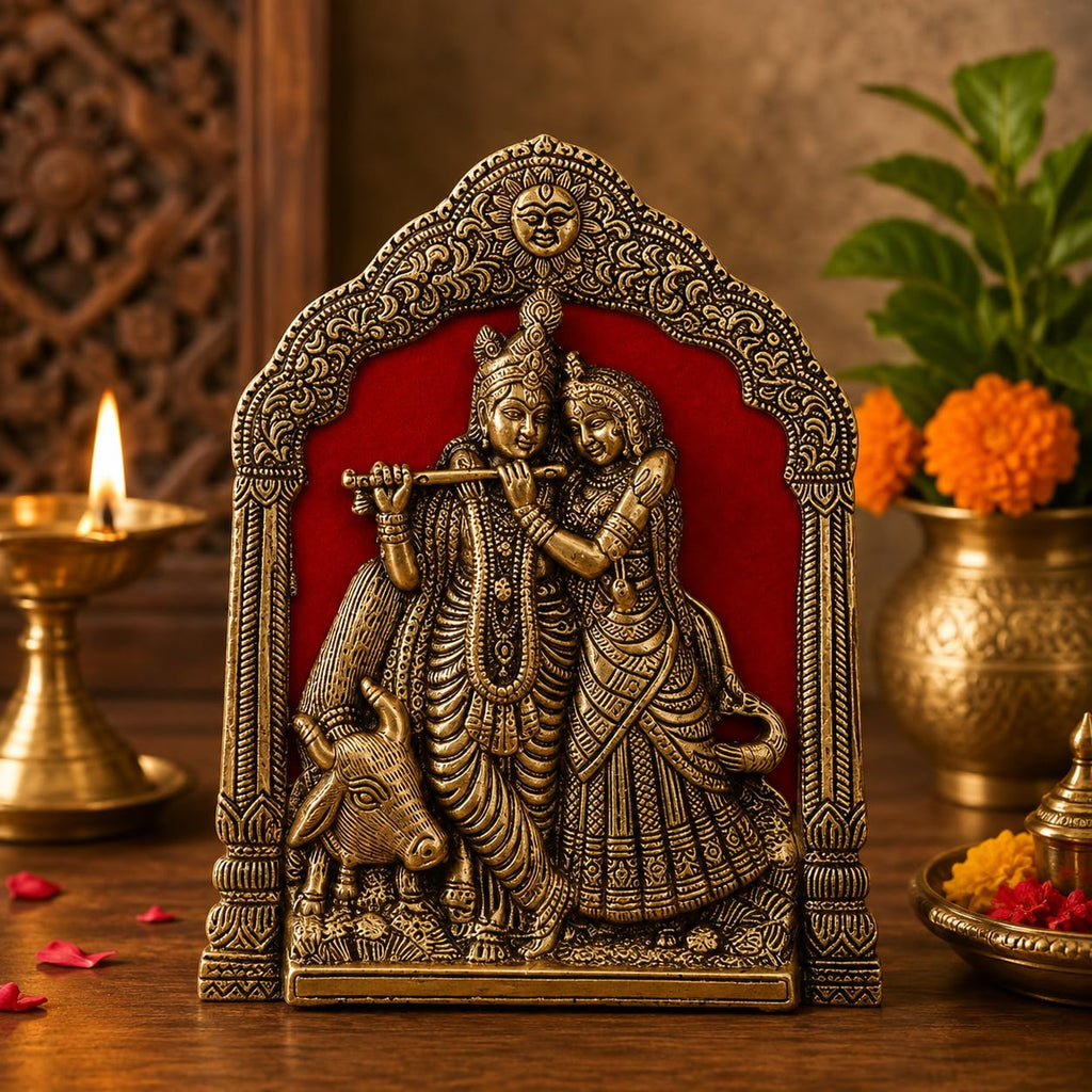 KridayKraft Radha Krishna with Cow on Thin Metal Frame with an antique finish so looks very beautiful and use for Table&Wall Hanging Decorative home&office,Gift Anniversaries,Birthday,New Year Gifts..
