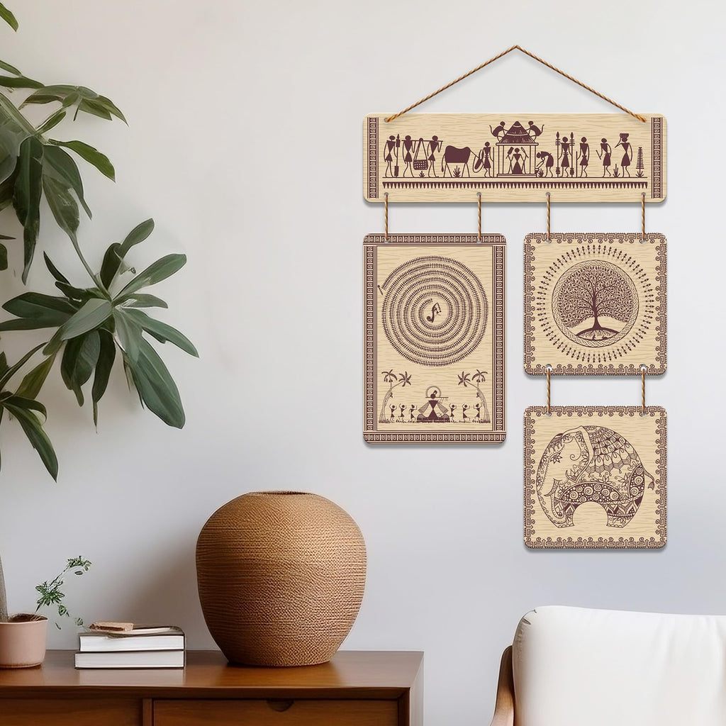 Artvibes Traditional Tribal Themed Warli Art Decorative Wall Art MDF Wooden Wall Hanger for Living Room | Printed Wall Decoration | Graphic Artwork | Wall Illustrations | Scenery | Gift (WH_6524N)