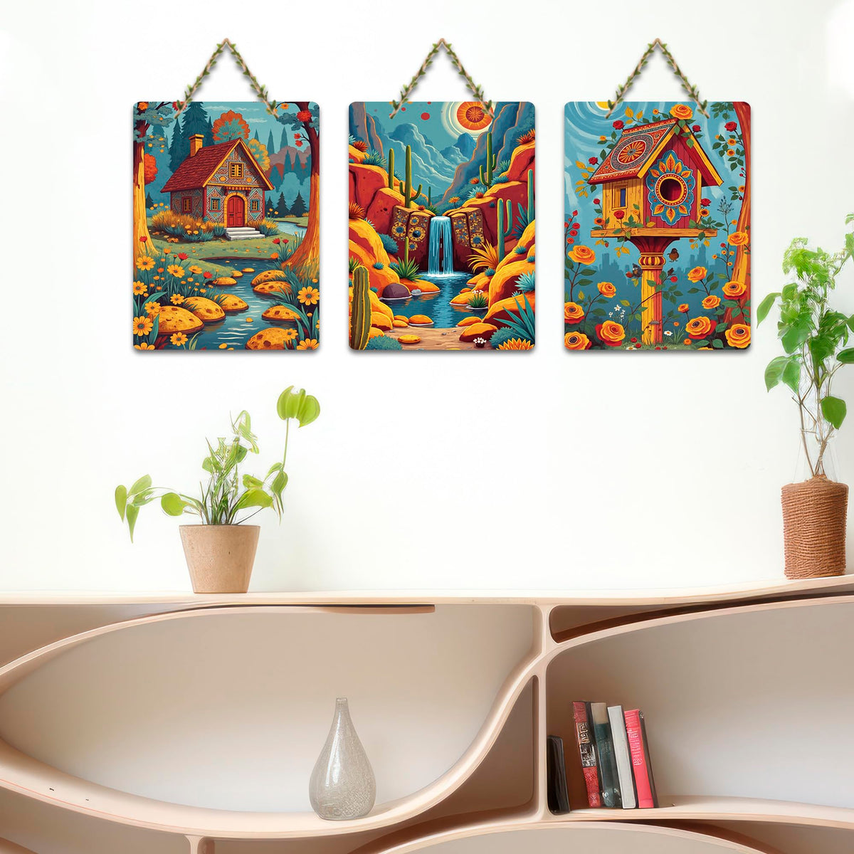 Artvibes Beautiful Waterfall Cottage & Floral Birdhouse Nature Inspired Decorative MDF Wooden Wall Art for Home | Home Decor | Wall Accent | Artwork | Wall Art Print | Gift Items (WH_9661NN), Set of 3