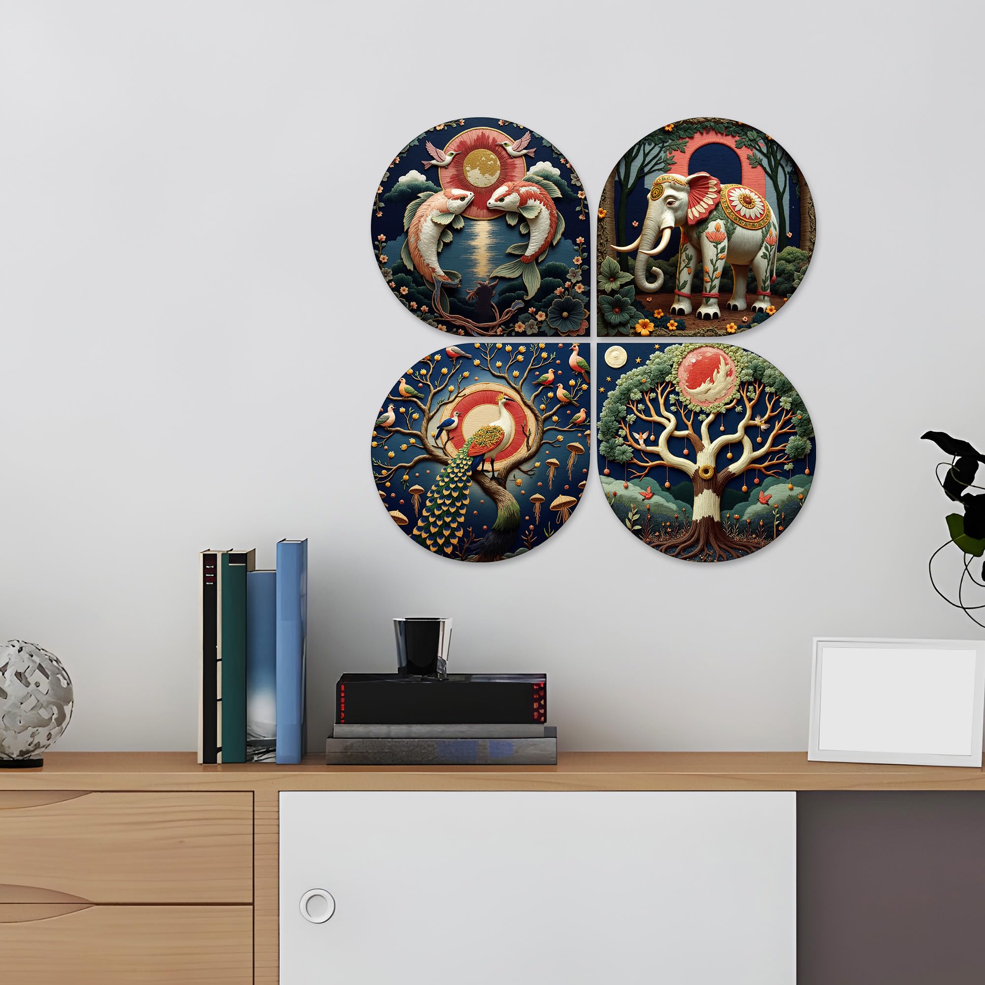 Artvibes Modern Art Wild Life Decorative MDF Wooden Wall Art for Home | Room Decoration | Handcrafted Art | Wall Sculpture | Wall Illustrations | Handcrafted Art | Gift Items (WH_8427N), Set of 4