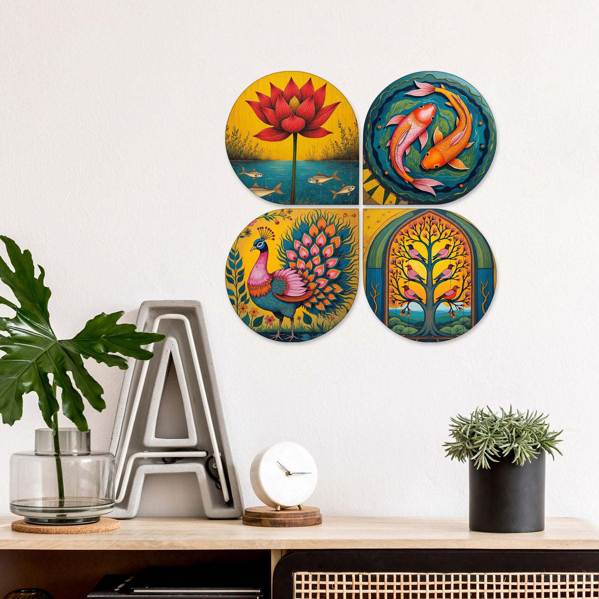 Artvibes Nature & Spiritual Wooden Handcrafted Mdf Wall Hanging | Decorative Wall Art For Bedroom | Home Decoration Items | Gifts For Women And Men (Wh_8459N) - Set Of 4