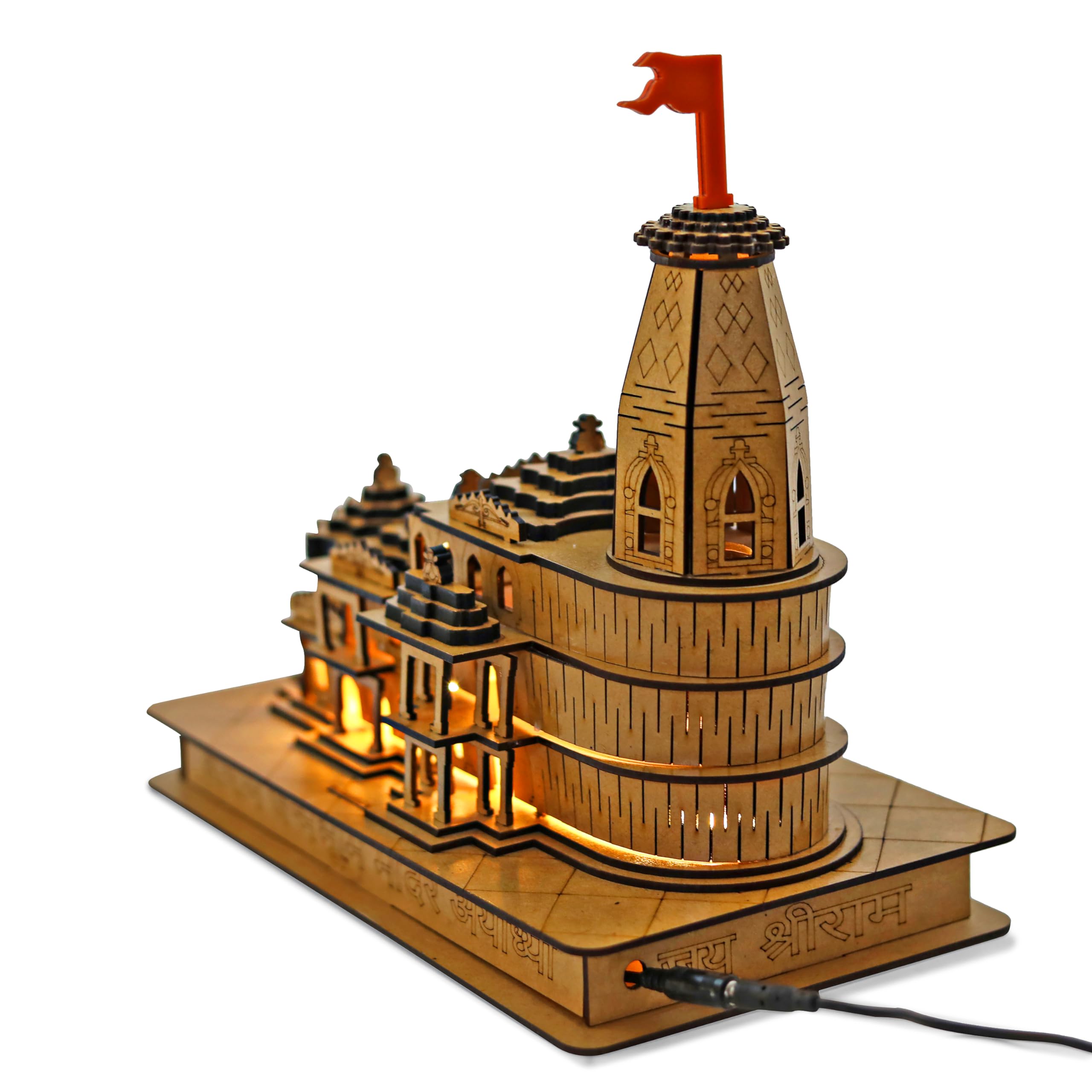 Ram Mandir 3D Model Printed | Ayodhya Temple Wooden Lighted, Charger & Adapter Home Shelf Decor & Gifts Temple (11.5 Inch, Pack of 1) Large