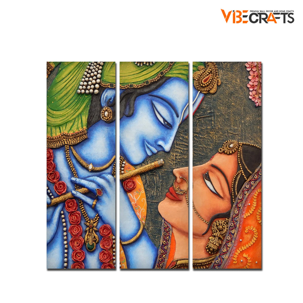 VIBECRAFTS Beautiful Radha Krishna 3 Pieces Canvas Wall Painting Fitted With Wooden Frame For Home | Office | Living Room | Gifts (PTVC3Pcs1_9549)