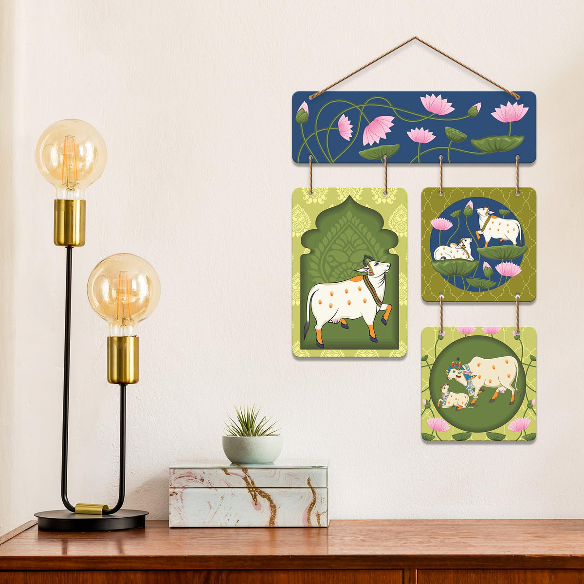 Artvibes Traditional Cow & Calf Pichwai Art Decorative Wall Art MDF Wooden Wall Hanger for Living Room | Room Decoration | Handcrafted Art | Wall Poster | Artworks Hangings | Unique Gift (WH_6521N)