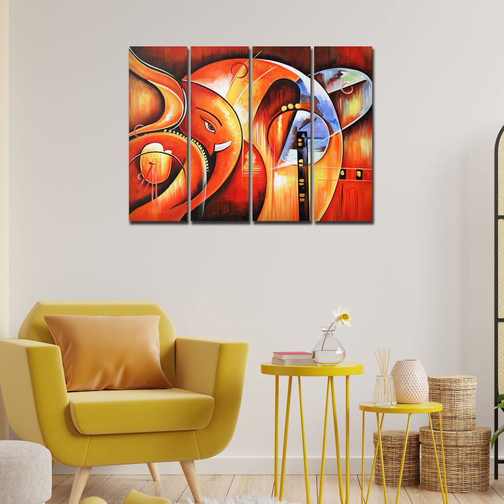 VIBECRAFTS 4 Pieces Hindu Shree Ganesha Canvas Wall Painting Fitted With Wooden Frame For Home | Office | Living Room | Gift(PTVC4Pcs1_13529)