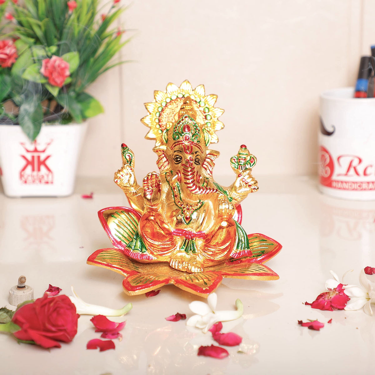 KridayKraft Metal Ganesha Sitting on Flower Multi Color menakari Leaf for Pooja,Home,Office Decorative for Table and Gifts