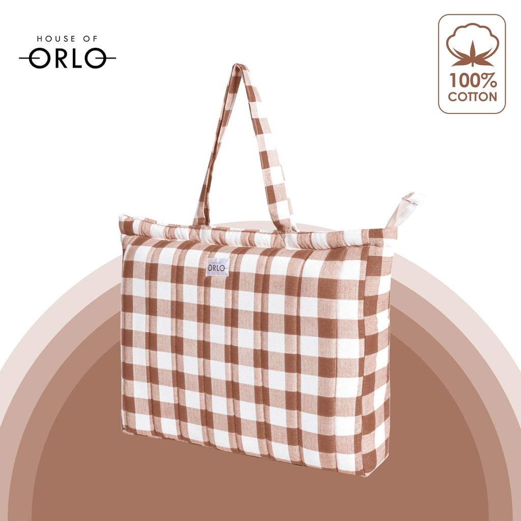 HOUSE OF ORLO: Pinteresty QUILTED 100% Cotton Checked Tote Bags with Zipper for Women - For College, Travel, Work and Daily Use -Large, Mocha Mousse