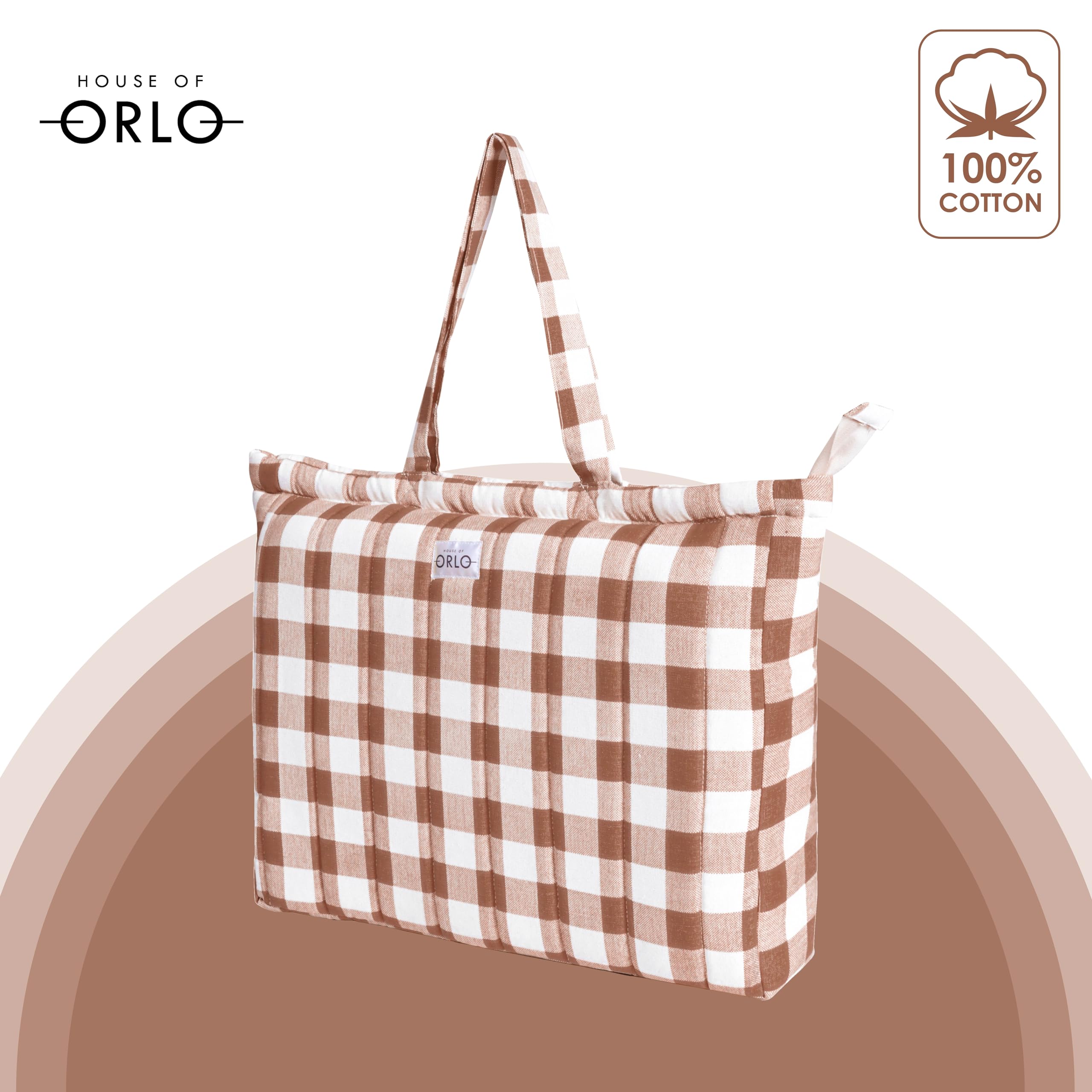 HOUSE OF ORLO: Pinteresty QUILTED 100% Cotton Checked Tote Bags with Zipper for Women - For College, Travel, Work and Daily Use -Small, Mocha Mousse