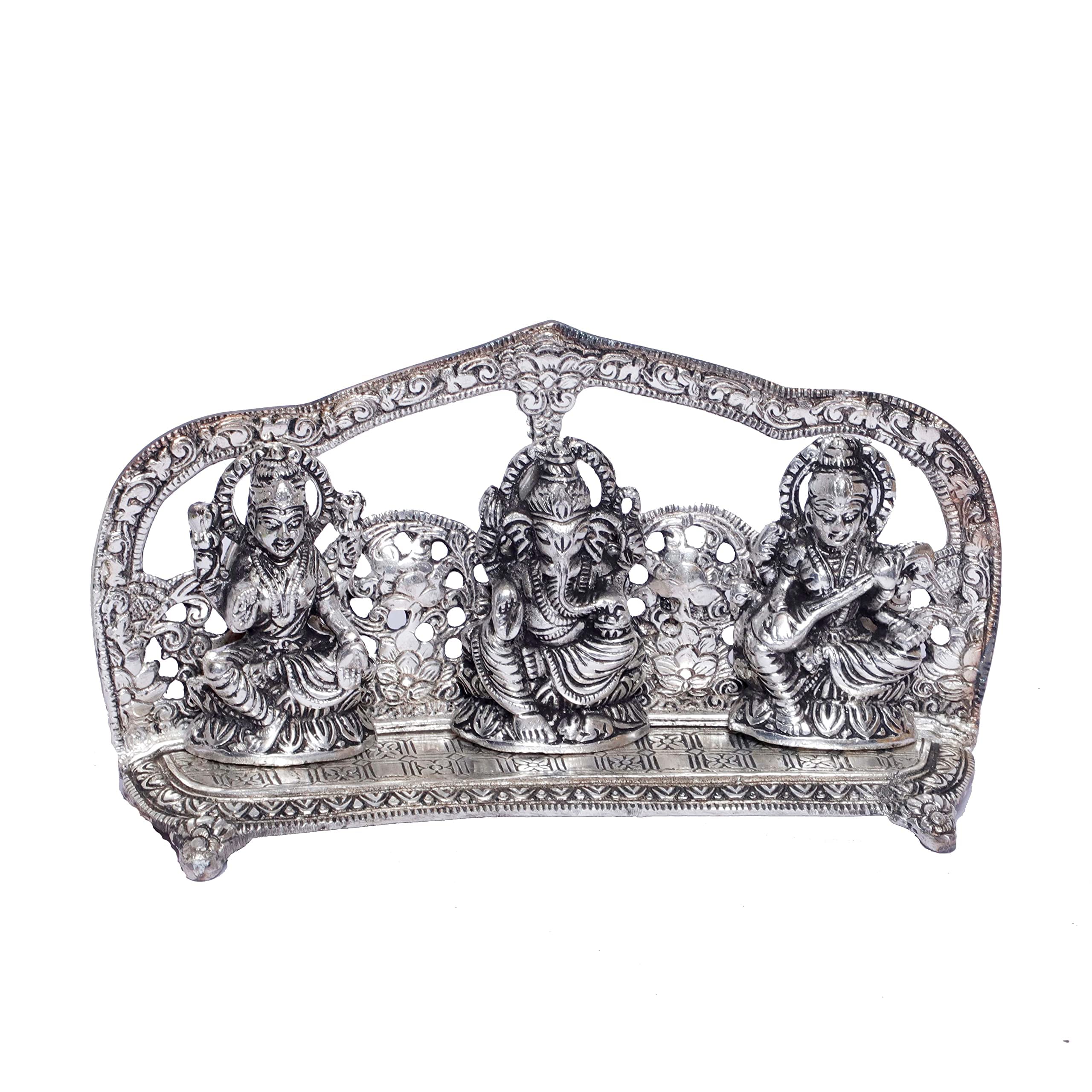 KridayKraft Silver Plated Laxmi Ganesha Saraswati Murti LGS Metal Statue Decorative Showpiece Figurines Religious Idol Sculpture for Decoration & Pooja Gifting Purpose