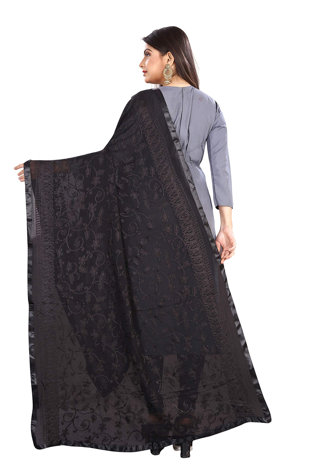 AKSHAR LLC Miss India Women's Chiffon Dupatta with Karachi Embroidery Work_027 (black)