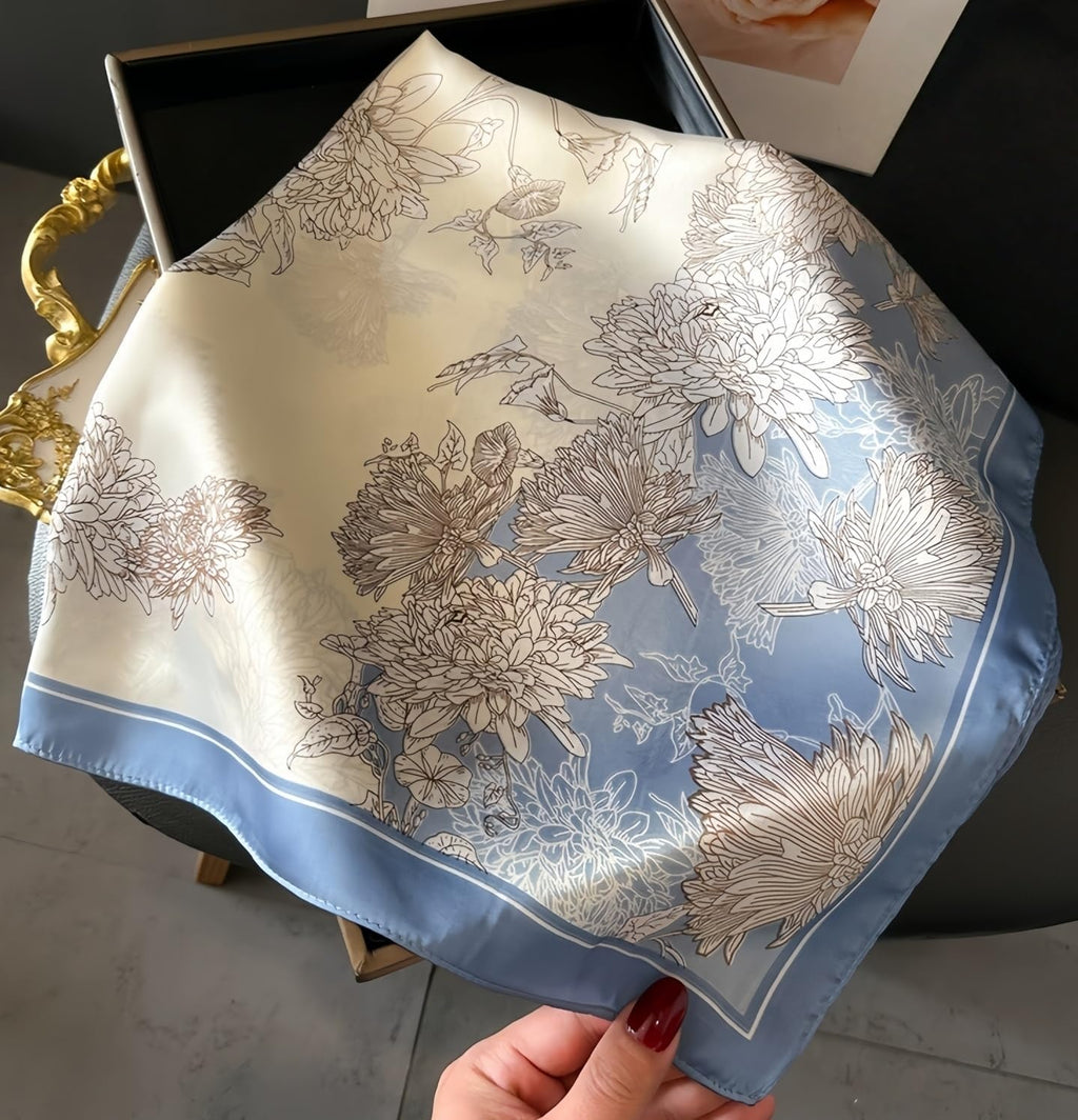 Mgbmyltm Women's Blue Floral Square Scarf 70x70cm, 100% Polyester Silky Neck Scarf, Head Wrap and Handbag Accessory for Daily Wear