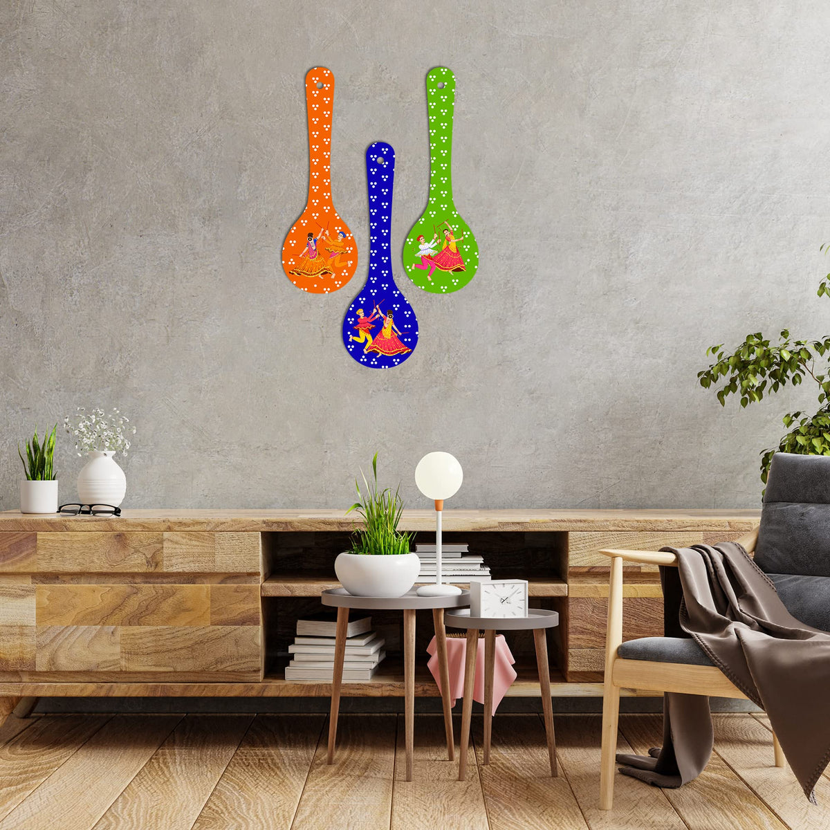 Artvibes Couples Doing Devotional Folk Dance Dandiya Wooden Wall Hanging for Decoration | Art Items | Wall Art For Hall | Wall Poster | Graphic Art | Ethnic Wall Decor | Gift Item (WH_5004N), Set of 3