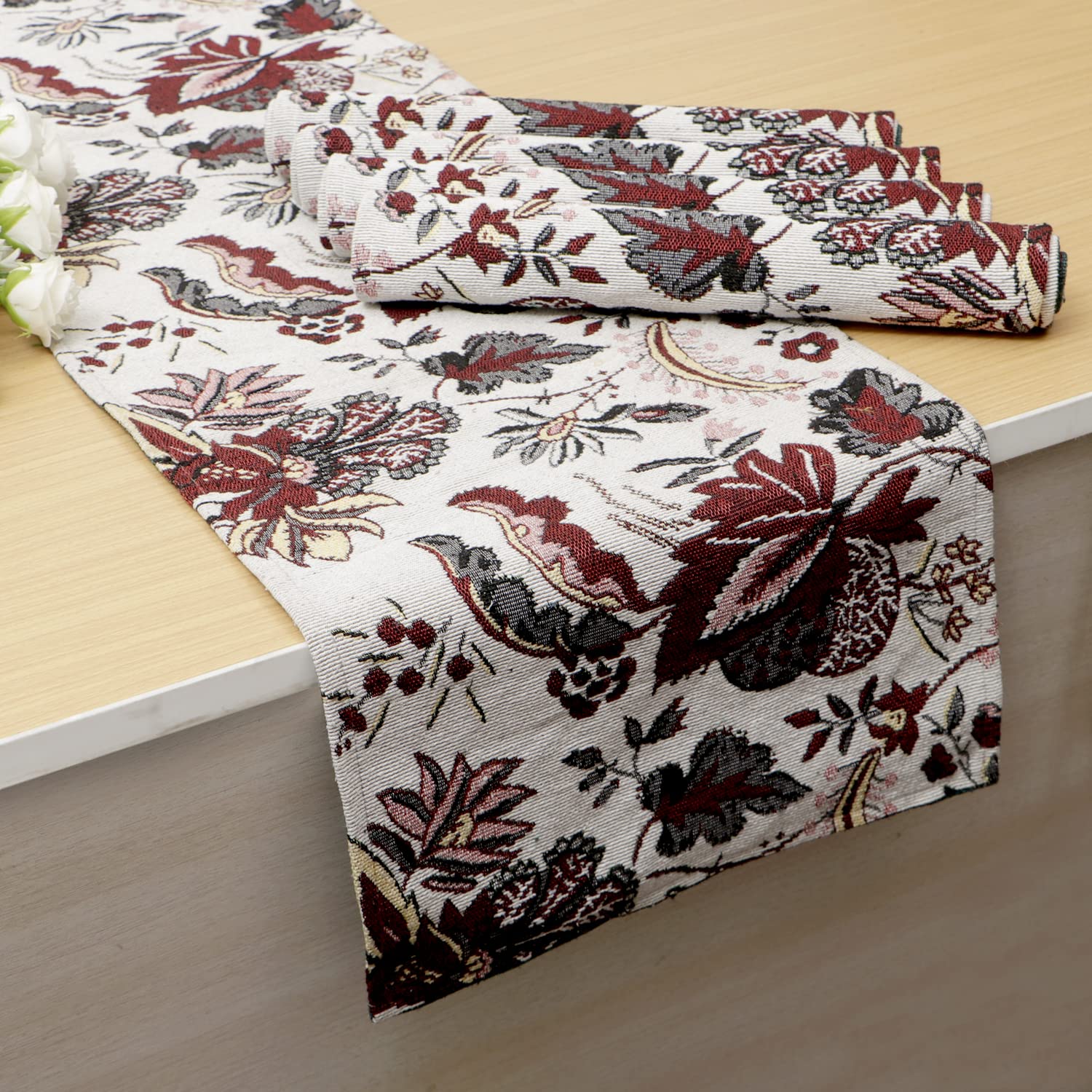 HOKIPO Cotton Jacquard 4 Placemats with Runner for Dining Table 4 Seater (IN530-D4*4+IN531), Large, white spring flower Kafalo