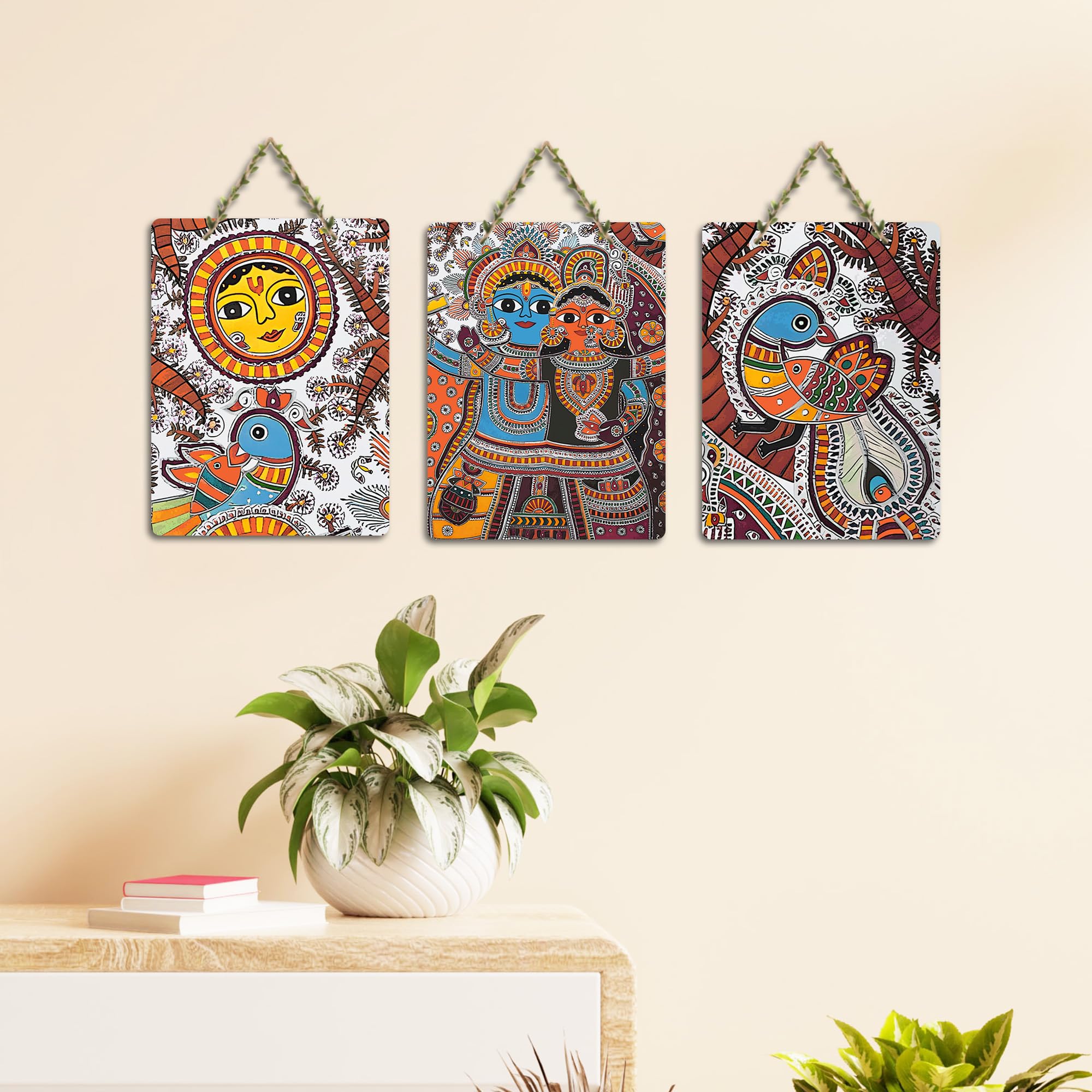 Artvibes Radha Krishna Madhubani Art Wooden Wall Hanger for Home Decor | Living Room | Office | Cafe | Scenery For Drawing Room | Wall Poster | Handcrafted Art | Unique Gift (WH_9606N), Set of 3