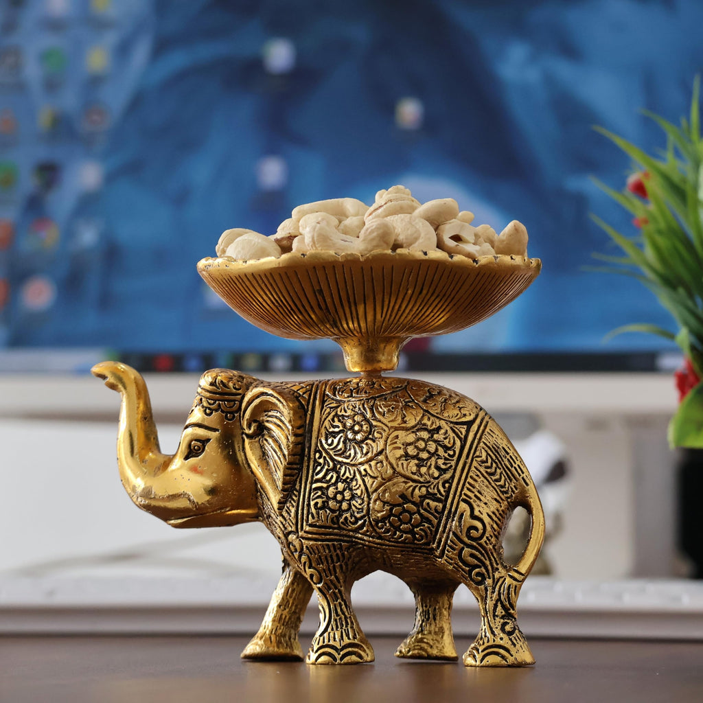 KridayKraft Metal Elephant Dry Fruit Bowl Showpiece Gold Polish for Your Home,Office Table Decorative,Elephant Showpiece Bowl for Gift,Animal Figurines