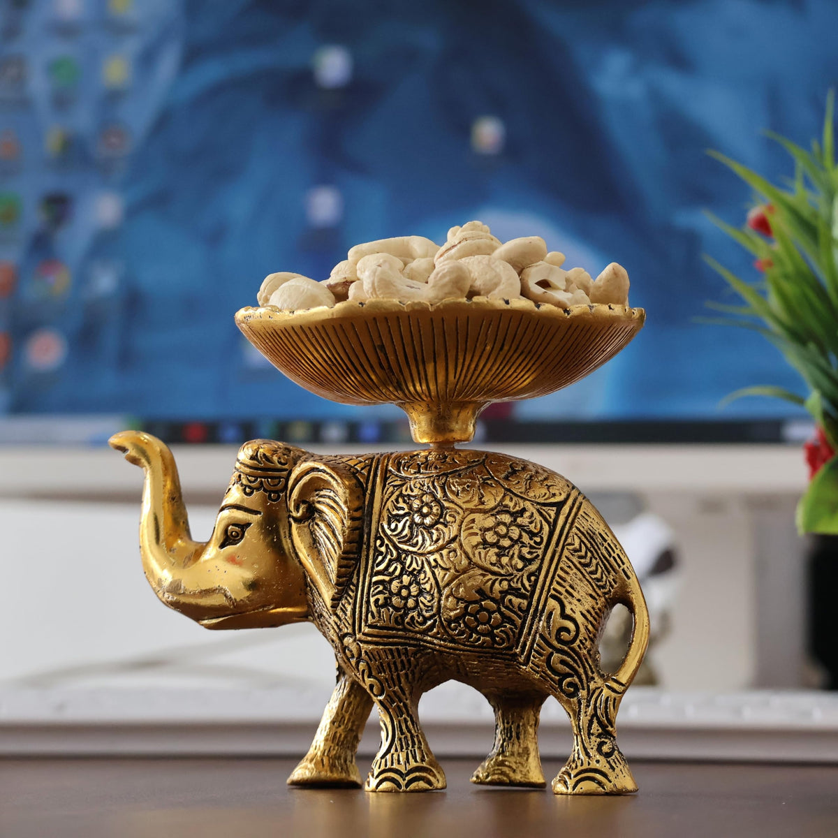 KridayKraft Metal Elephant Dry Fruit Bowl Showpiece Gold Polish for Your Home,Office Table Decorative,Elephant Showpiece Bowl for Gift,Animal Figurines