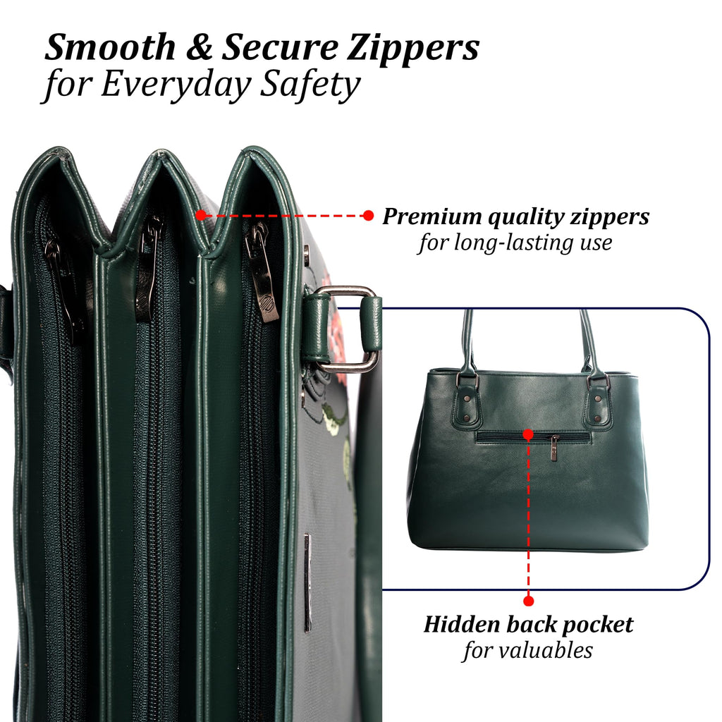 Siza Women Handbag for Office Use, Tote Bag for Women, Stylish Shoulder Bag with Zipper, Multi Compartment Travel & Daily Use Handbag (Green)