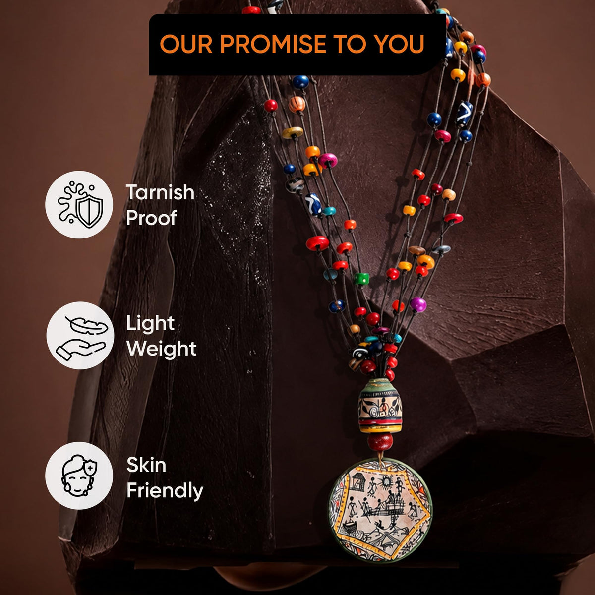 AAKRITI ART CREATIONS Village Square Handcrafted Warli Long Necklace for Women | Beaded Ethnic Pendant Necklace | Long Necklace Set for Women Traditional | Handmade Jewellery Gift