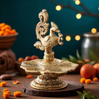 KridayKraft Metal Peacock 5-Wick Diya, 13 cm Aluminium Panch Aarti Oil Lamp/Deepak for Puja Room, Home Mandir, Diwali & Festive Decoration, Antique Gold Finish