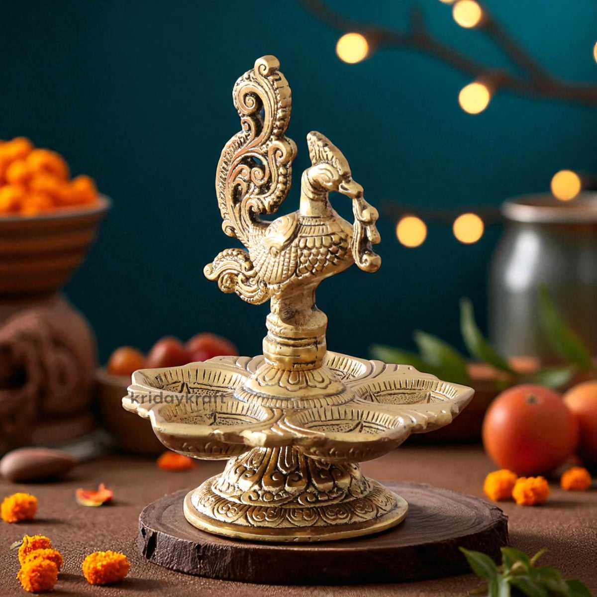 KridayKraft Metal Peacock 5-Wick Diya, 13 cm Aluminium Panch Aarti Oil Lamp/Deepak for Puja Room, Home Mandir, Diwali & Festive Decoration, Antique Gold Finish