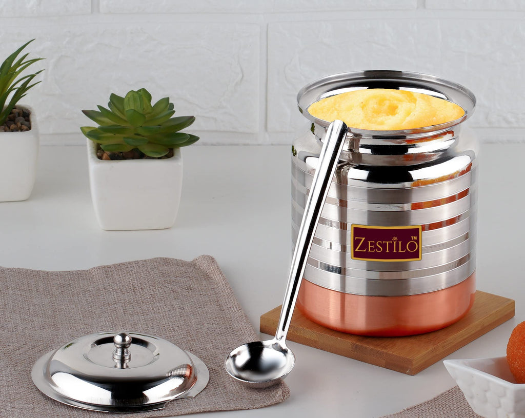 ZESTILO Stainless Steel Oil/Ghee Jar Ghee Container Oil Pot Ghee Container with Spoon Copper Bottom Finish (1500 ml)