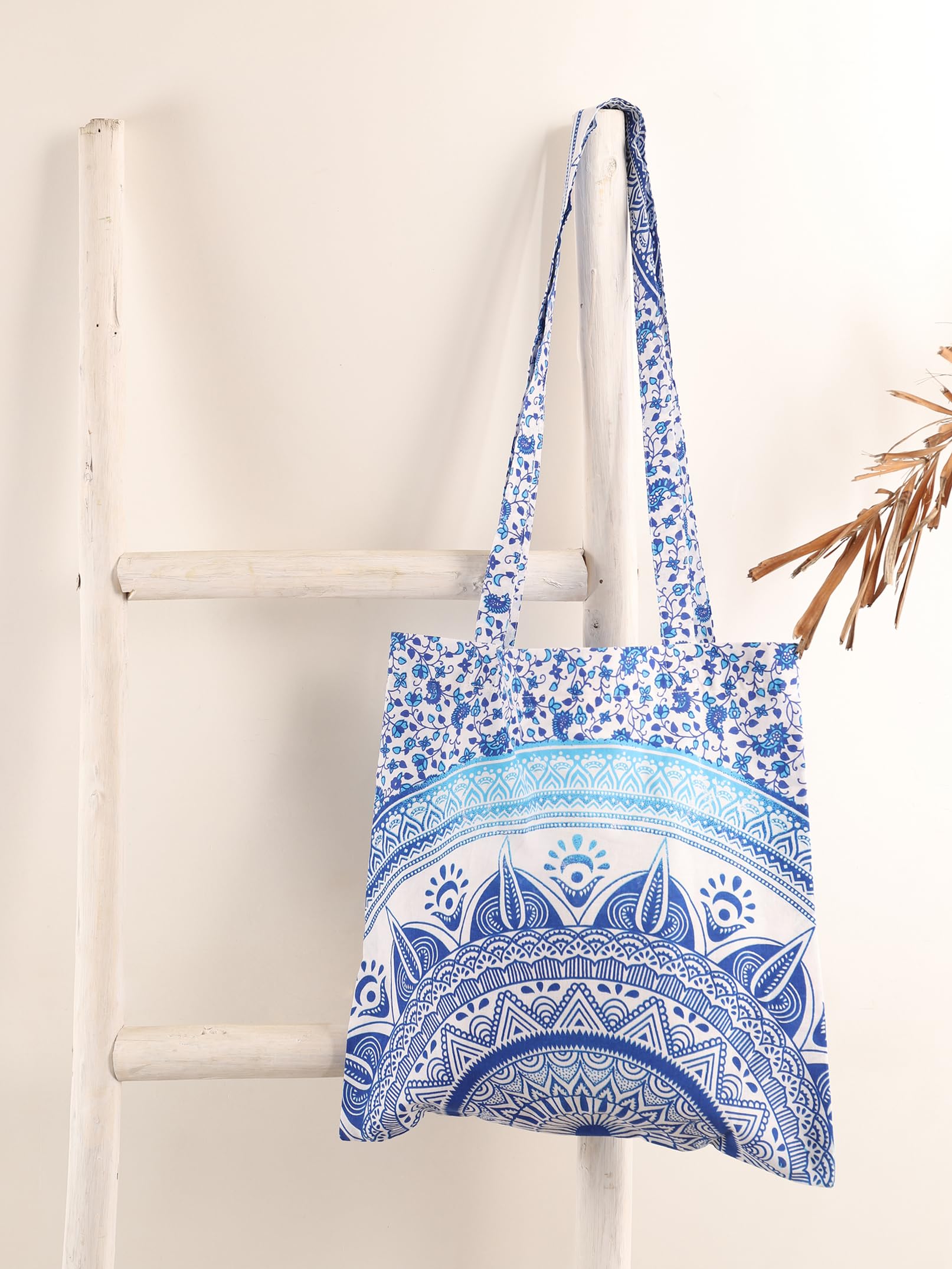 Ravaiyaa - Attitude is everything Cotton Shoulder Bag/Tote Bag For Women| Printed Multipurpose Handbag With Top Zip | Best For Shopping, Travel, Work, Beach, Office, College (White Blue Ombre Mandala)