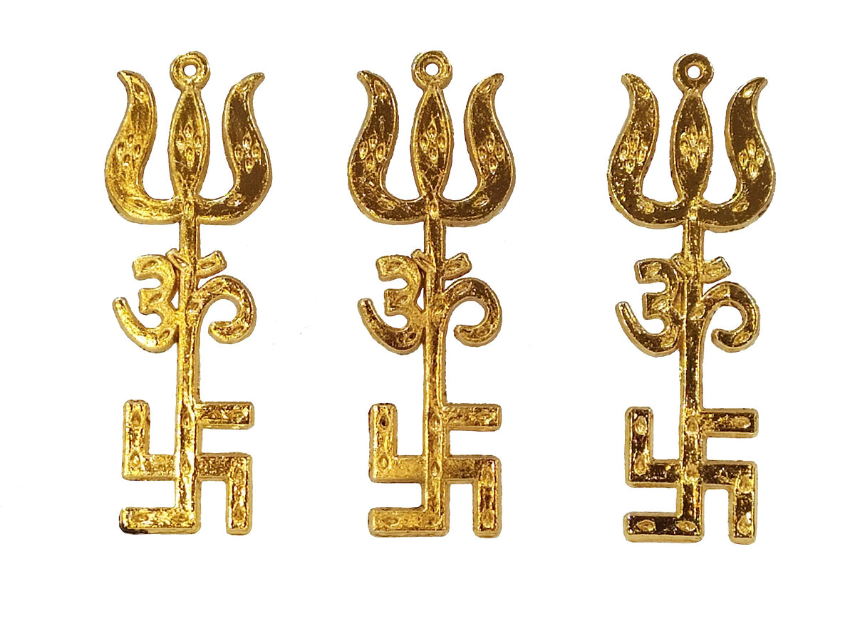 YAABEE Golden Trishakti Sculpture - Brass, 10 Cms (3.5 Inch) Long, Hanging, Decorative Wall Art for Home, Temple, Car, Door