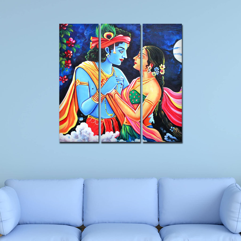 VIBECRAFTS 3 Pieces Shree Radha Krishna Canvas Wall Painting Fitted With Wooden Frame For Home | Office | Living Room | Gifts (PTVC3Pcs1_9544)