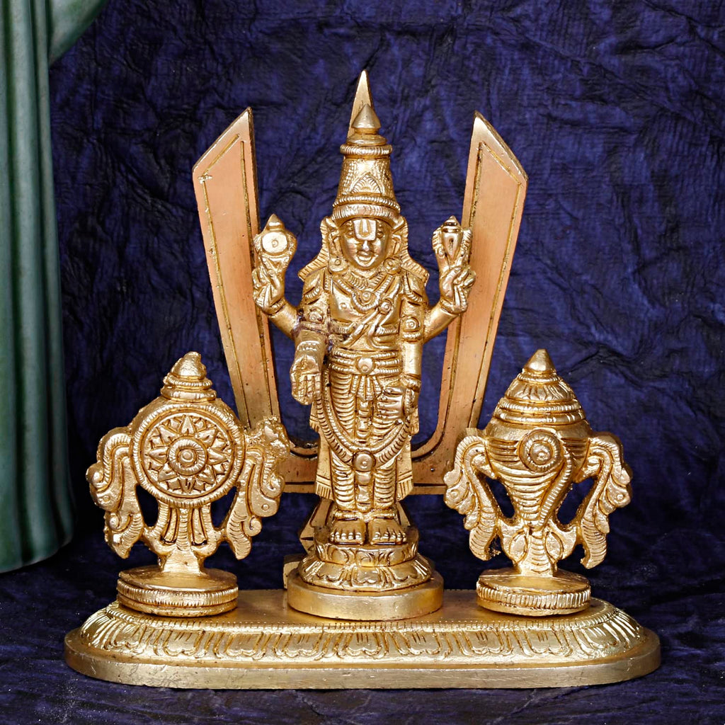 ARTVARKO Brass Tirupati Balaji Venkateshwara Idol Vishnu Chakra Namah Shankh Statue Murti Lord Srinivasa Pooja Vastu Religious Idol for Home Office Temple 5 Inch