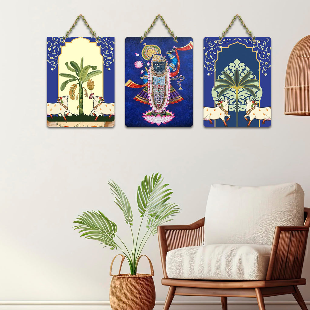 Artvibes Shrinath Ji & Cow Pichwai Art Wooden Art Decoration Item for Home | Spiritual Decor Items | Religious Wall Art | Aesthetic Wooden Decor | Ethnic Wall Decor | Gift Items (WH_96126N), Set of 3