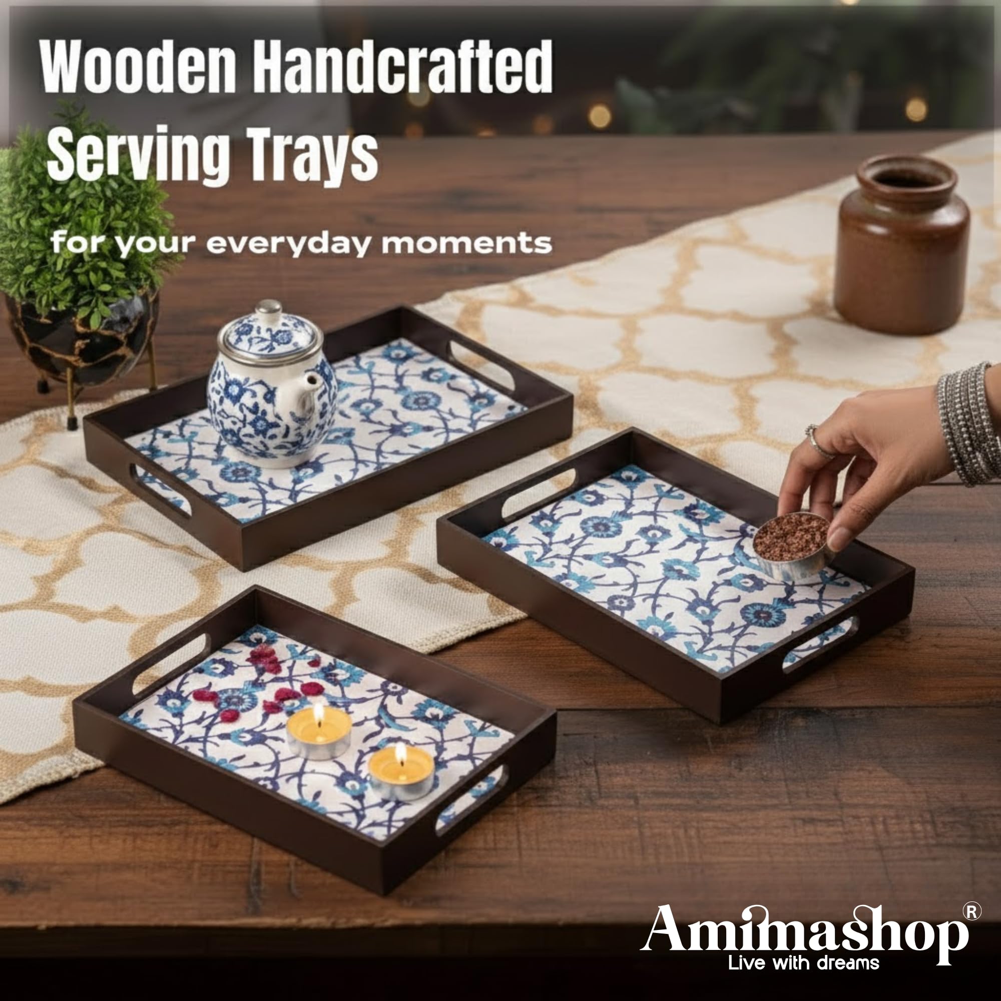Amimashop® Wooden Serving Tray Set of 3 Premium Blue Floral Design Decorative Trays Home Decor, Tray Set Serving, Tea Trey, Kitchen Organizer Large Medium Small Sizes