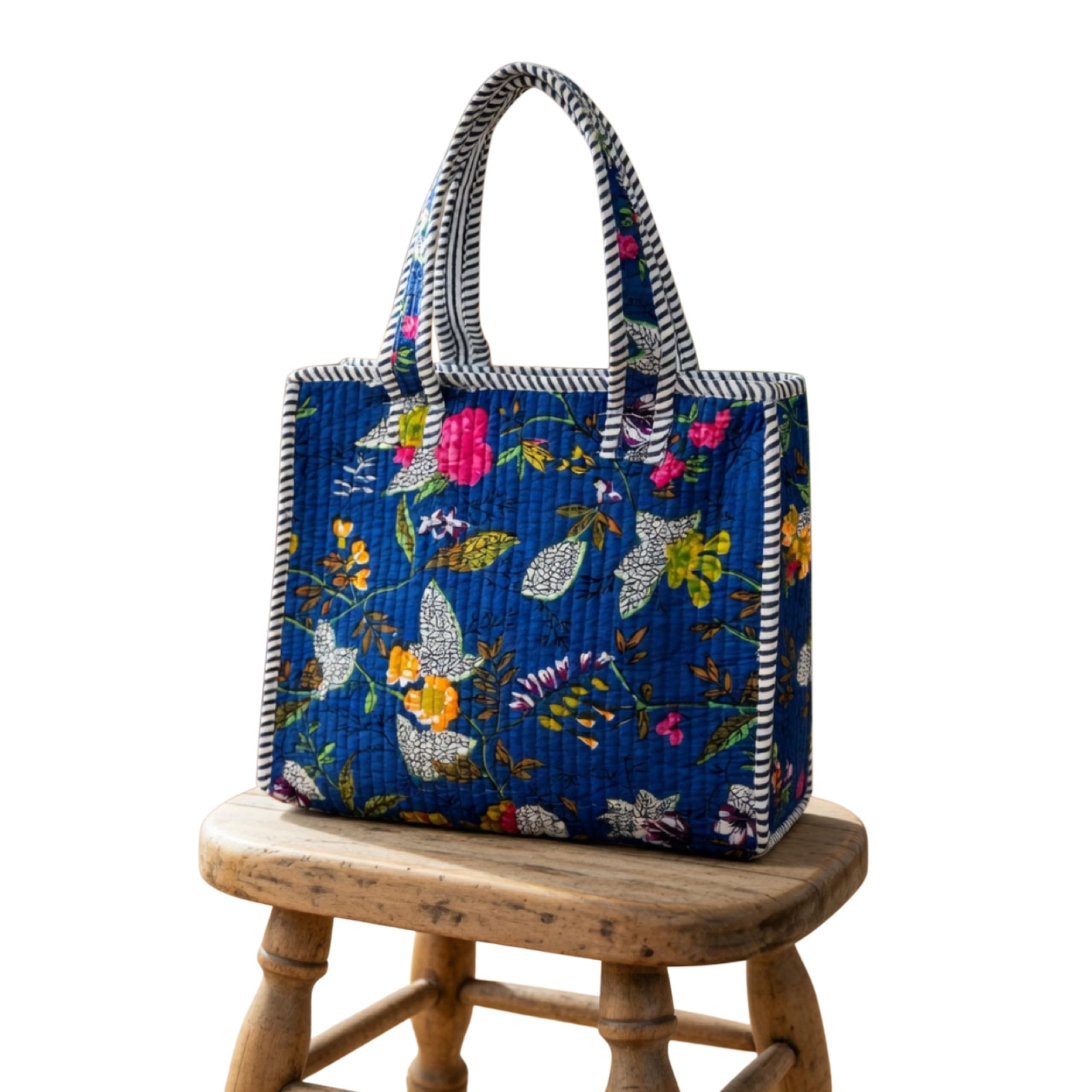 THREADORA LIVING Handmade Quilted Small Tote Bag With Zipper – 100% Cotton Floral Print Lunch Bag| Reusable Eco-Friendly Tote for Office, Travel, Shopping, Picnic & Gifting Handbag